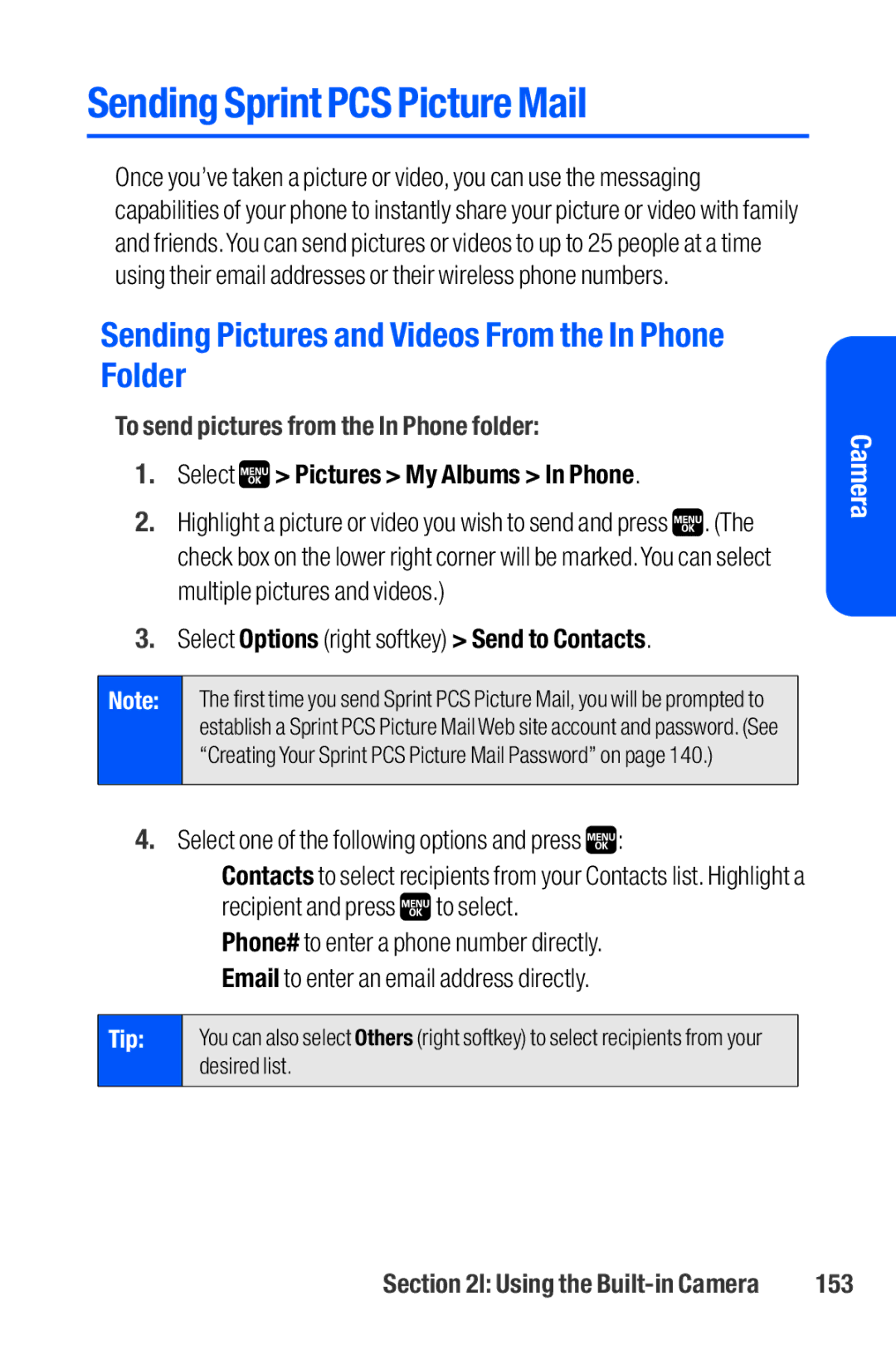 Sanyo M1 manual Sending Sprint PCS Picture Mail, Sending Pictures and Videos From the In Phone Folder, 153 