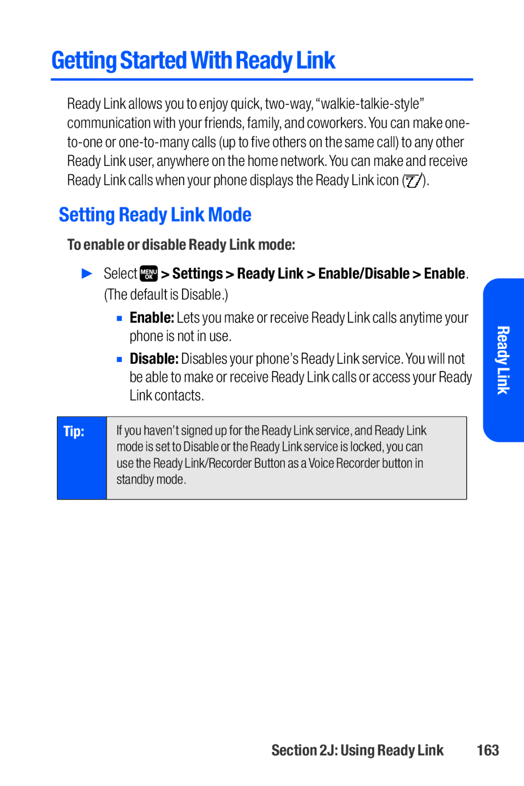 Sanyo M1 manual Getting Started With Ready Link, Setting Ready Link Mode, To enable or disable Ready Link mode, 163 