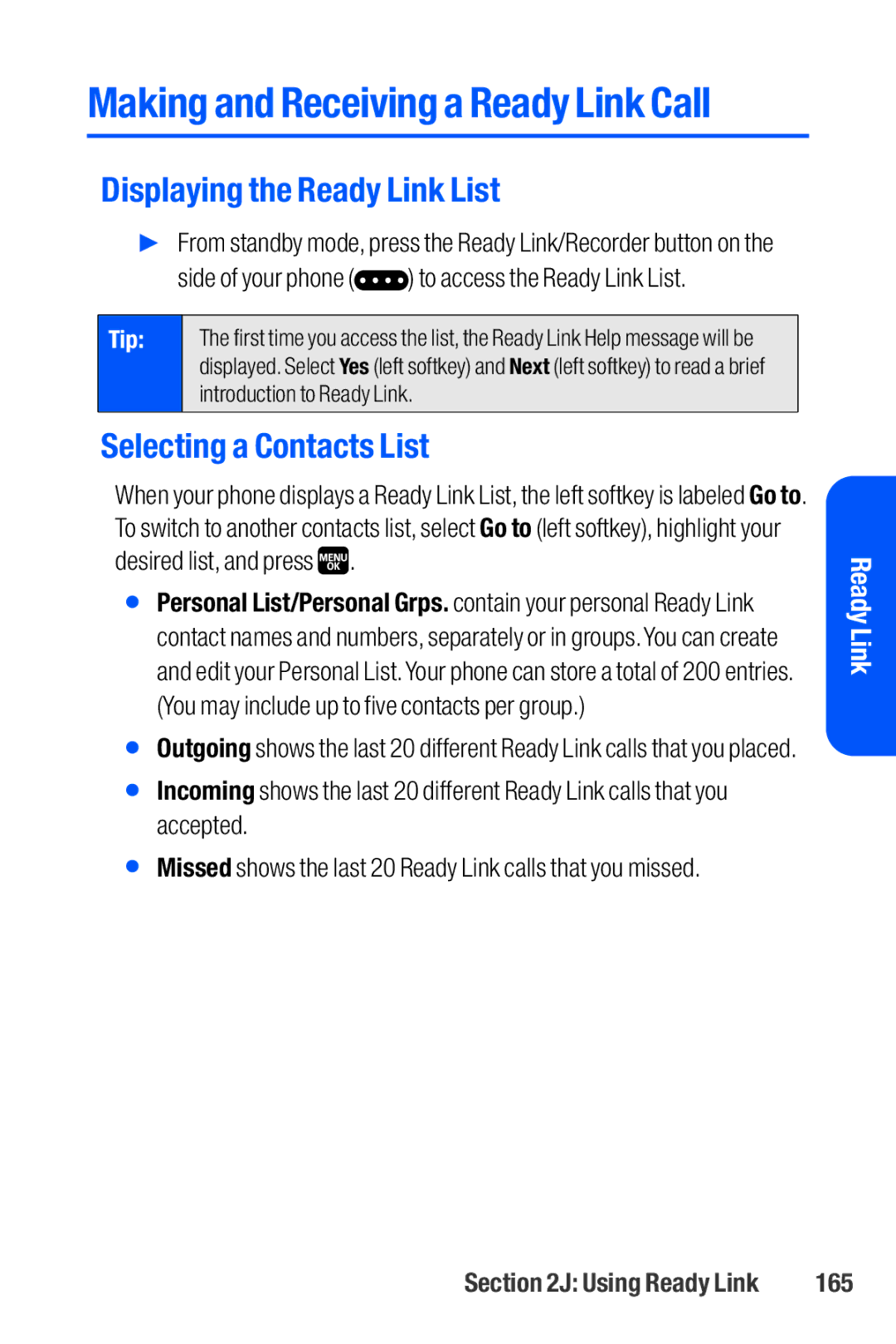 Sanyo M1 Displaying the Ready Link List, Selecting a Contacts List, Side of your phone to access the Ready Link List, 165 