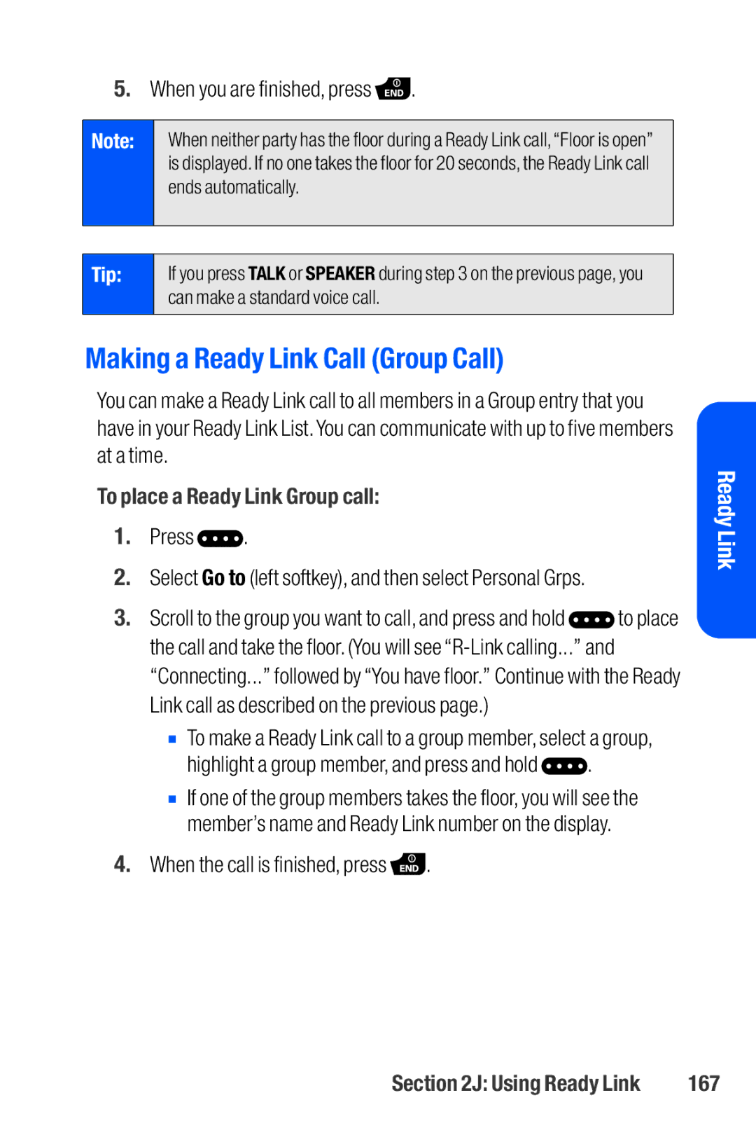 Sanyo M1 Making a Ready Link Call Group Call, To place a Ready Link Group call, When the call is finished, press, 167 