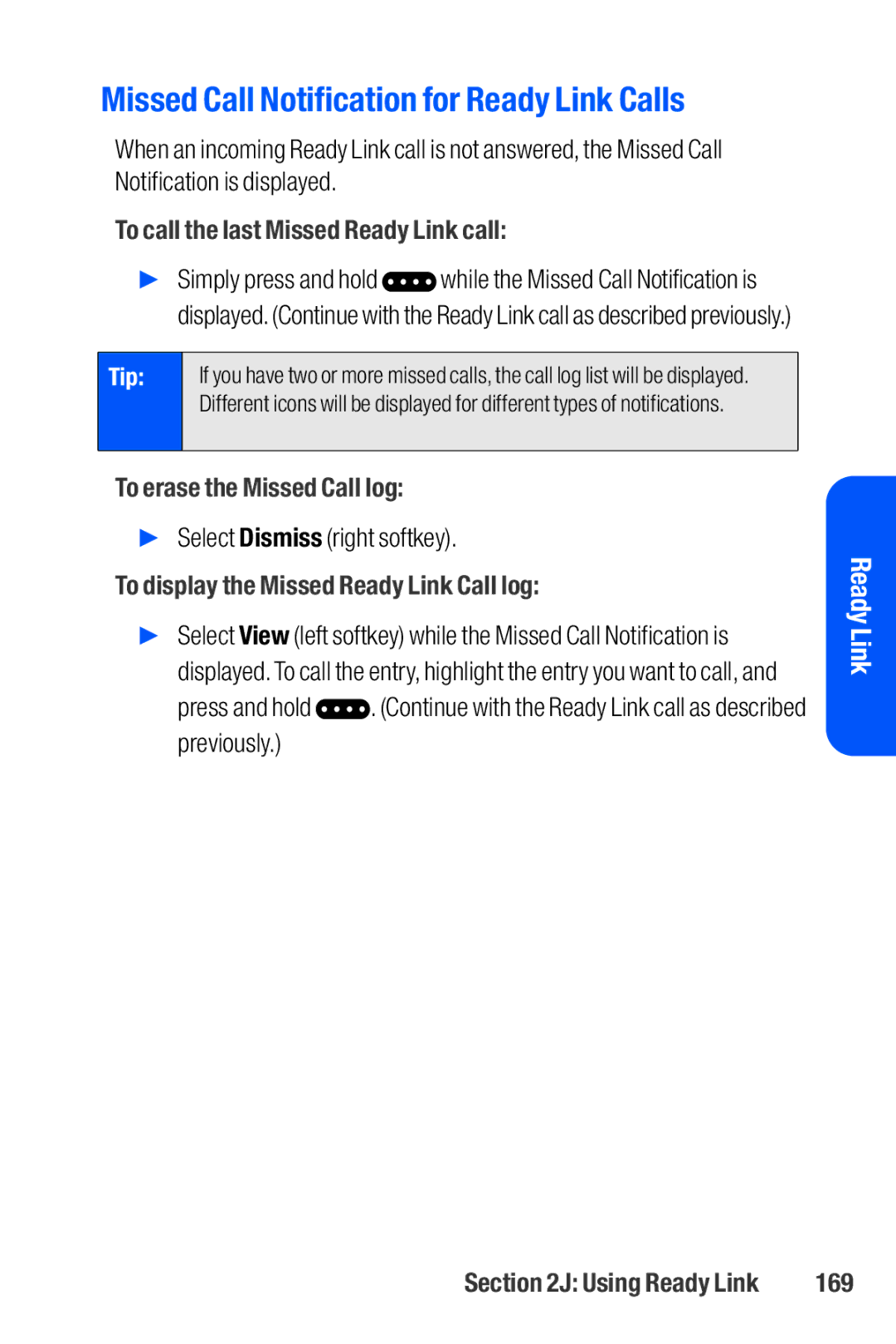 Sanyo M1 manual Missed Call Notification for Ready Link Calls, To call the last Missed Ready Link call, 169 