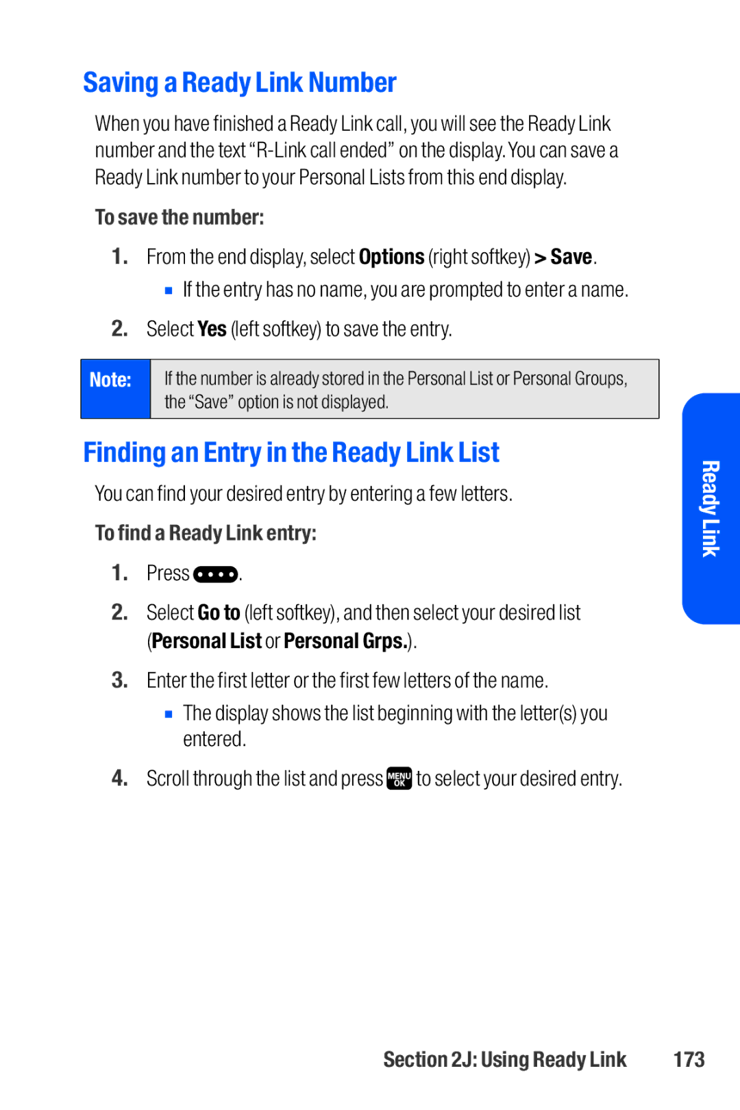 Sanyo M1 manual Saving a Ready Link Number, Finding an Entry in the Ready Link List, To save the number, 173 