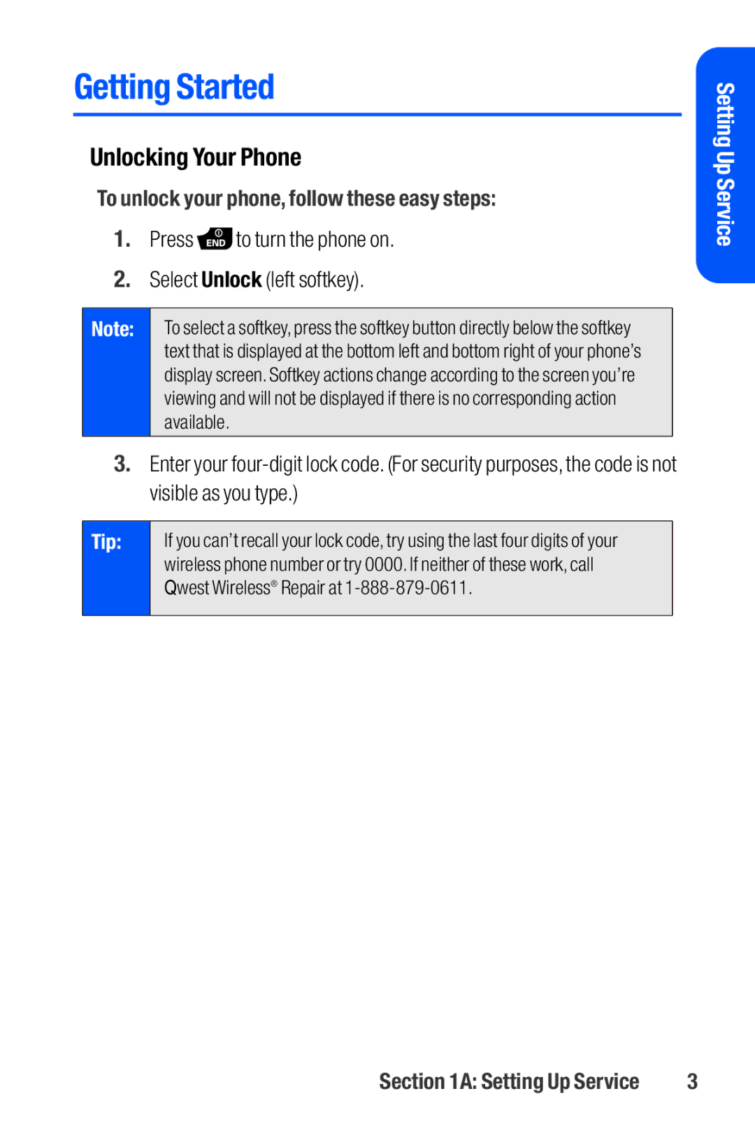 Sanyo M1 manual Getting Started, Unlocking Your Phone, To unlock your phone, follow these easy steps 