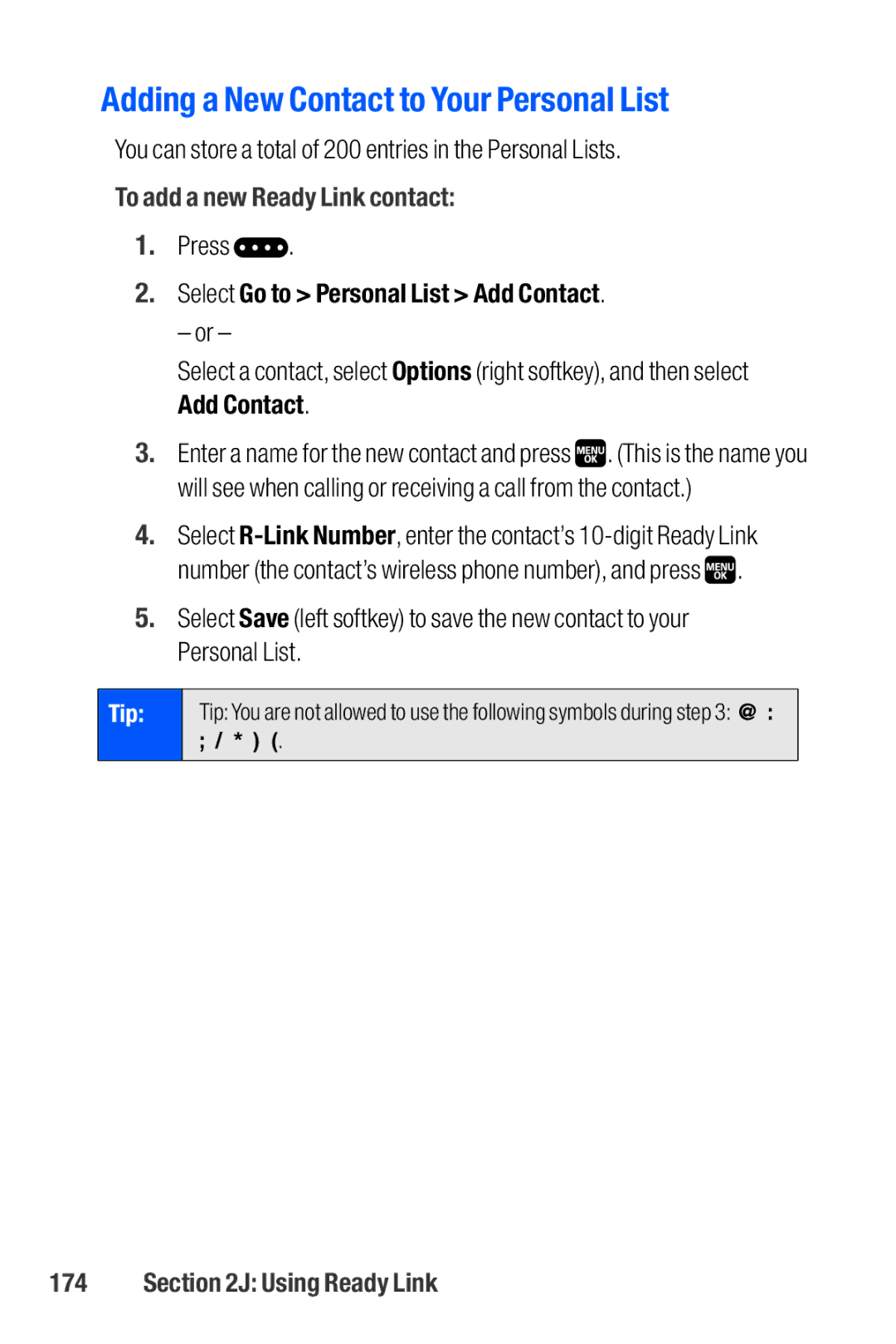 Sanyo M1 manual Adding a New Contact to Your Personal List, You can store a total of 200 entries in the Personal Lists 