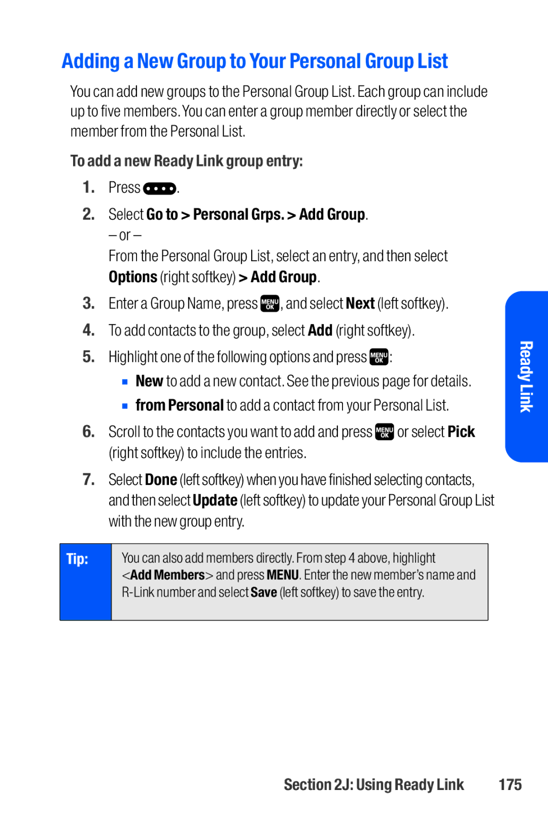 Sanyo M1 manual To add a new Ready Link group entry, Select Go to Personal Grps. Add Group, 175 