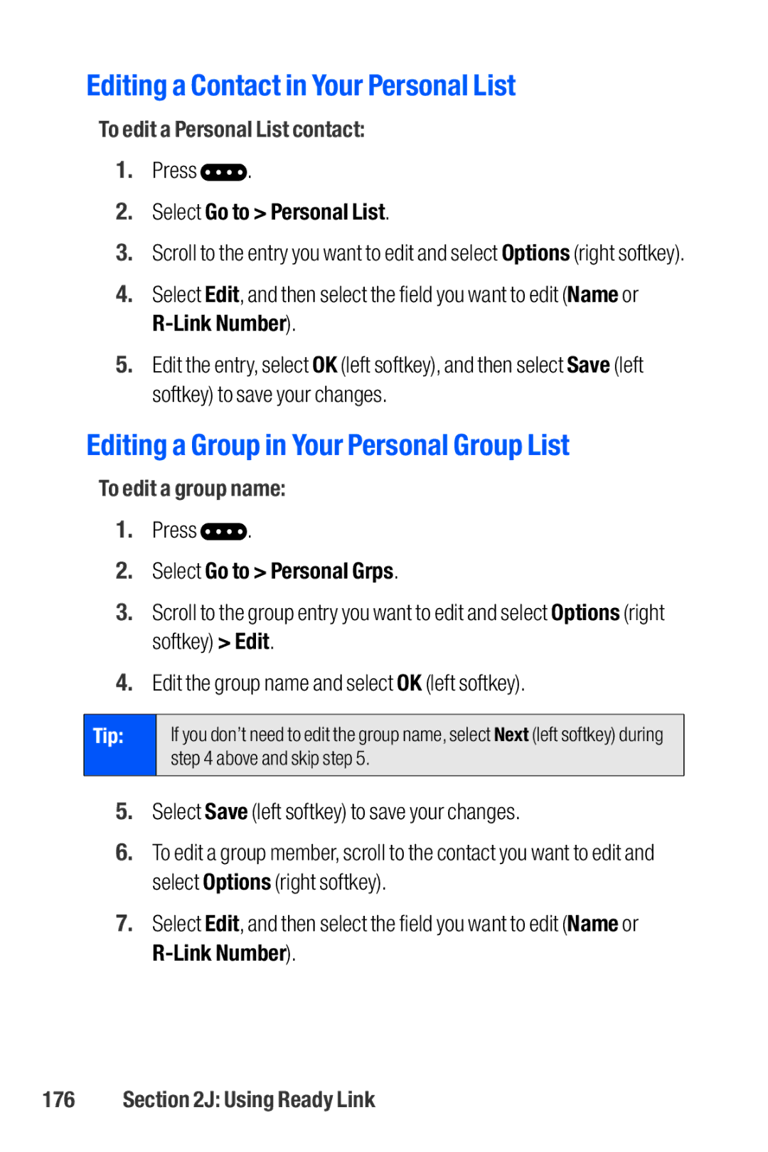 Sanyo M1 manual Editing a Contact in Your Personal List, Editing a Group in Your Personal Group List, To edit a group name 