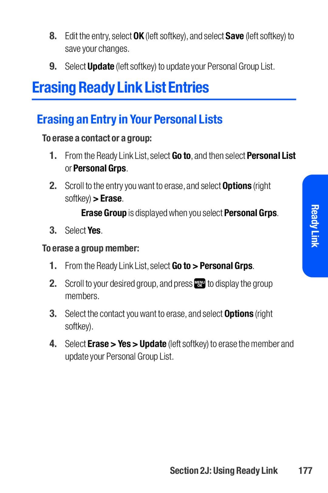 Sanyo M1 Erasing Ready Link List Entries, Erasing an Entry in Your Personal Lists, To erase a contact or a group, 177 