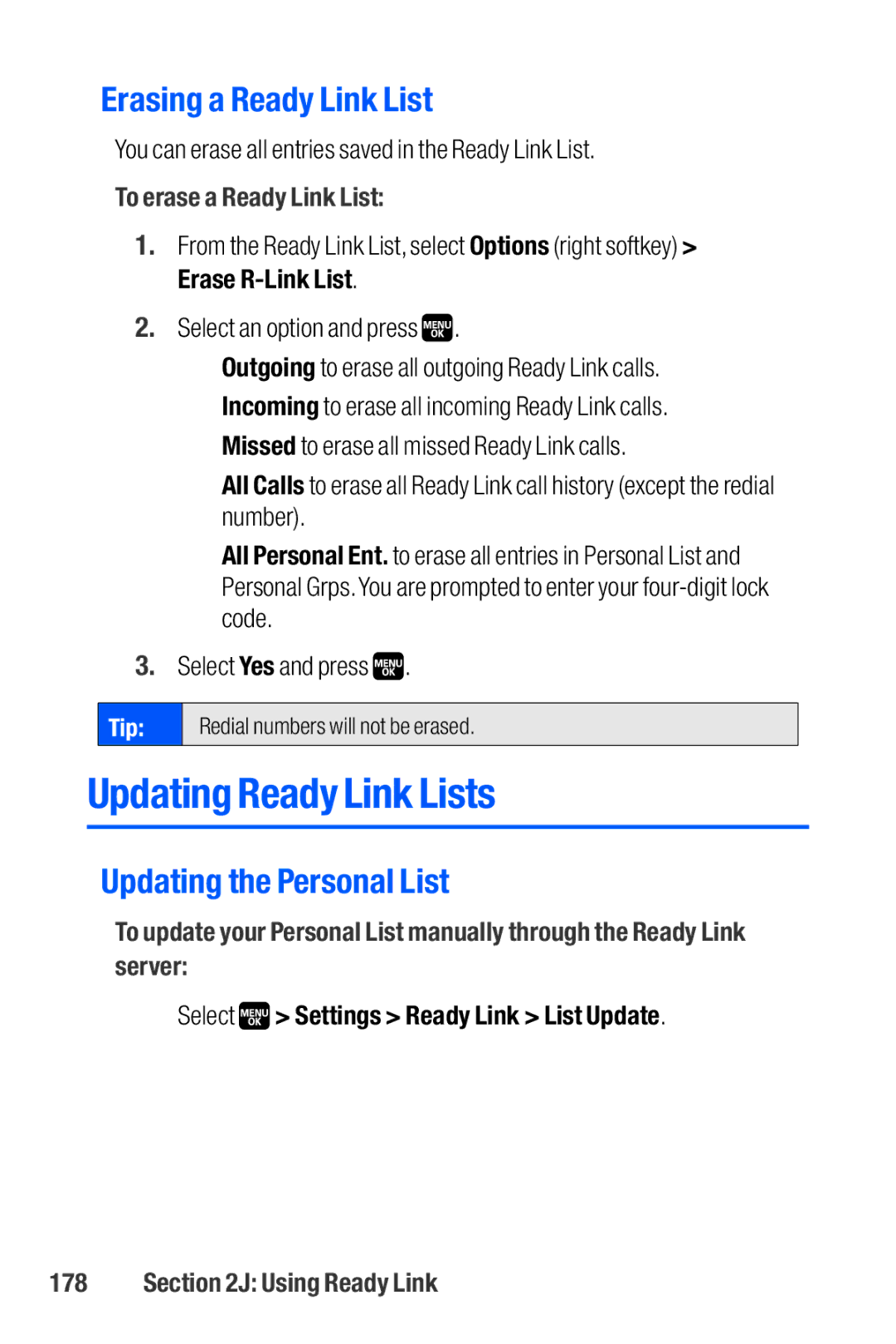 Sanyo M1 Updating Ready Link Lists, Erasing a Ready Link List, Updating the Personal List, To erase a Ready Link List 