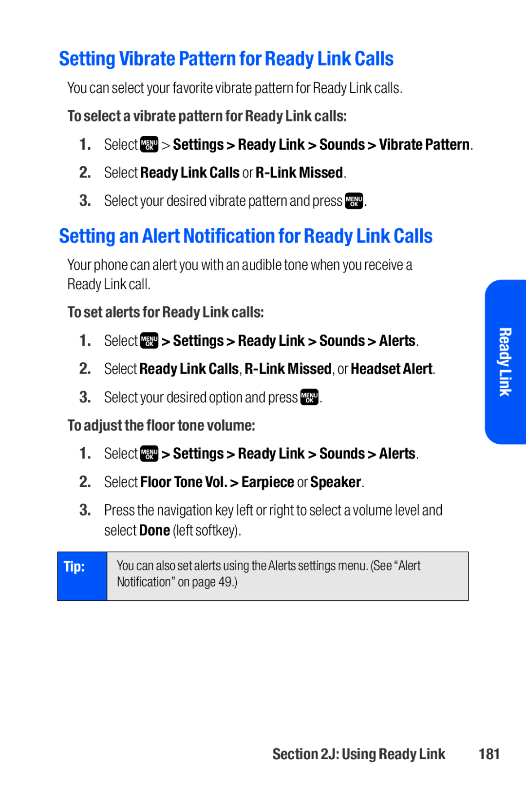 Sanyo M1 manual Setting Vibrate Pattern for Ready Link Calls, To select a vibrate pattern for Ready Link calls, 181 