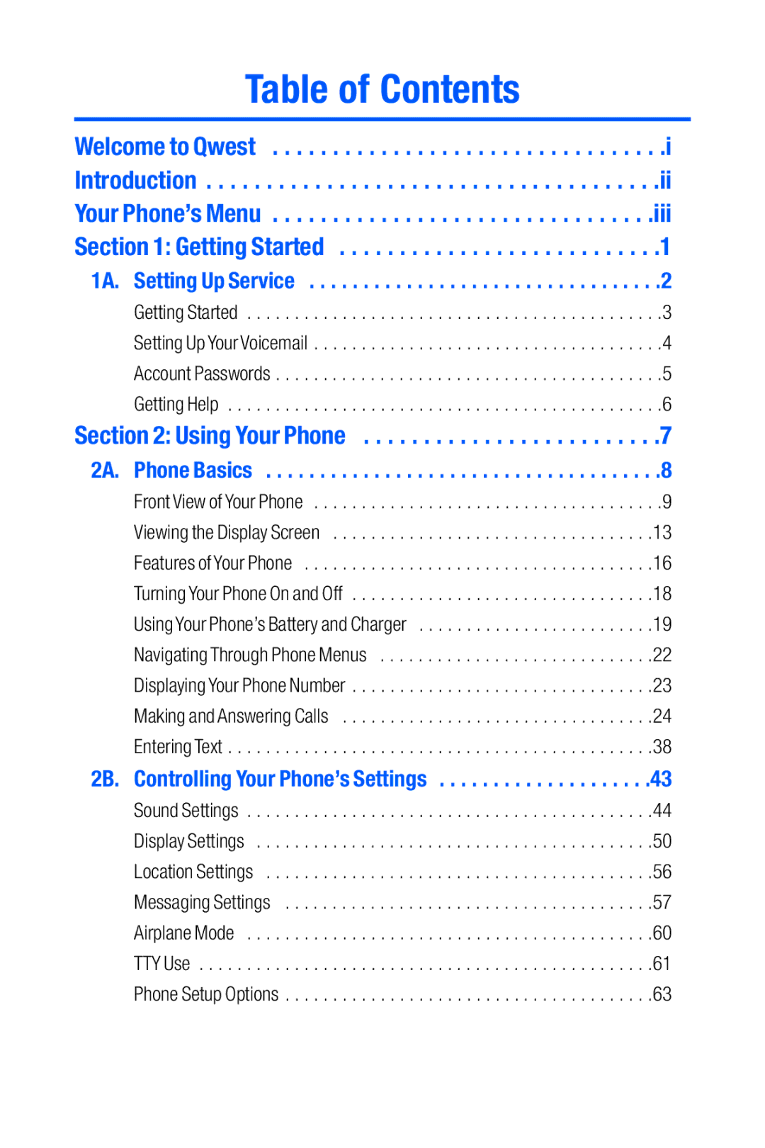 Sanyo M1 manual Table of Contents 