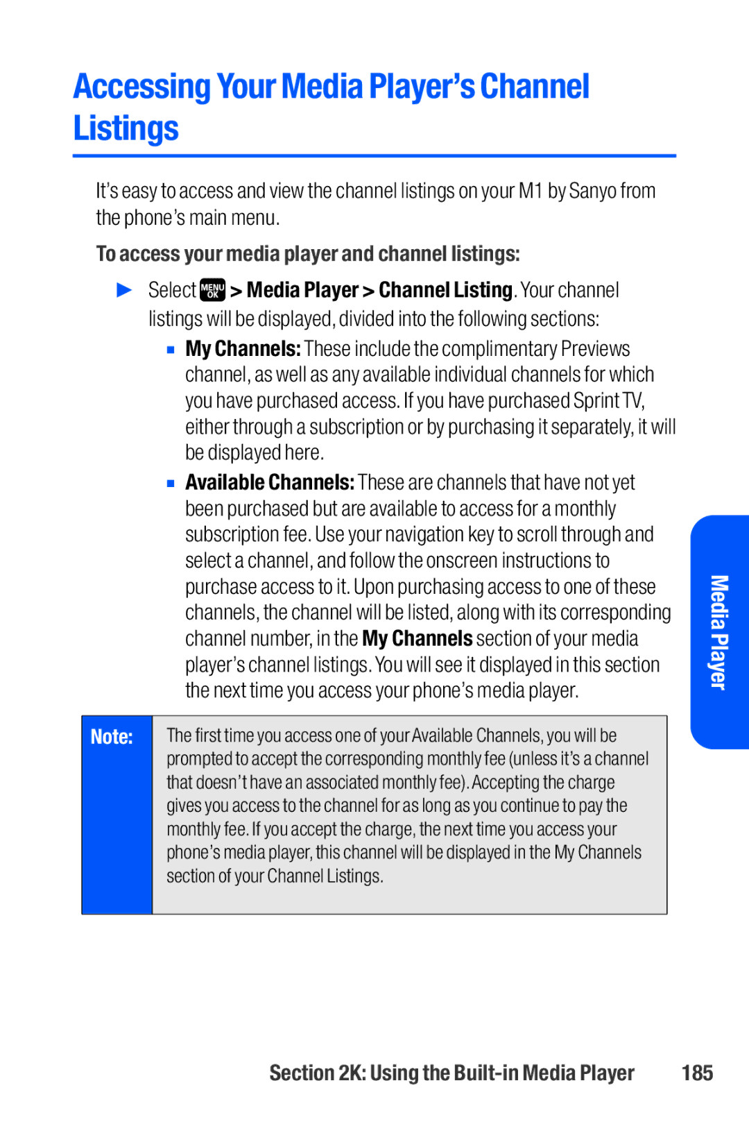 Sanyo M1 manual Accessing Your Media Player’s Channel Listings, To access your media player and channel listings, 185 