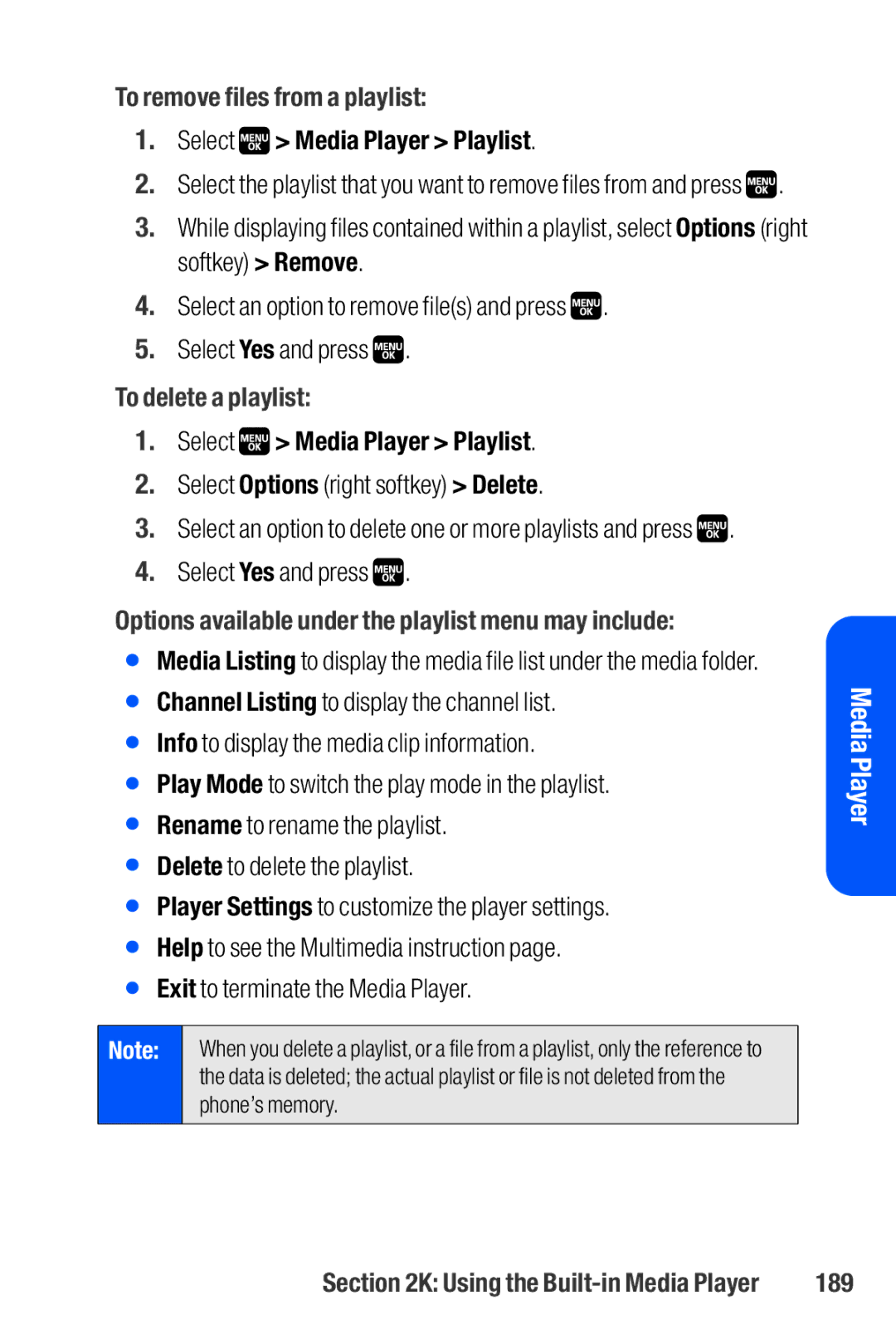 Sanyo M1 manual To remove files from a playlist, To delete a playlist, Select Options right softkey Delete, 189 