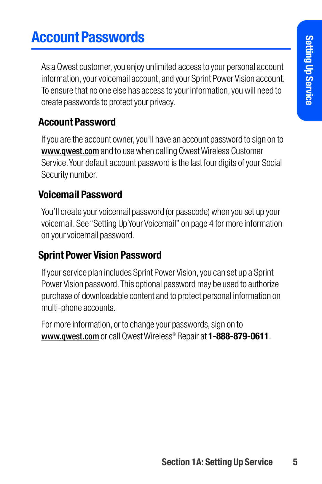 Sanyo M1 manual Account Passwords, Account Password Voicemail Password, Sprint Power Vision Password 