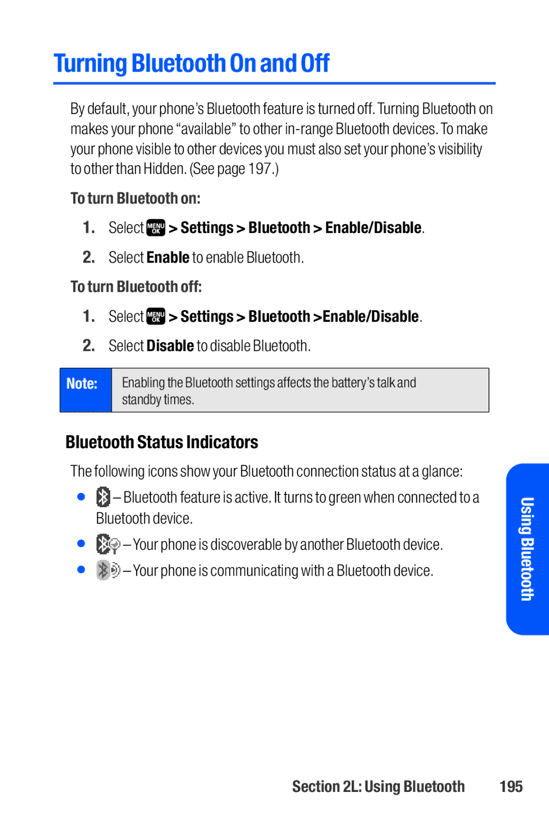 Sanyo M1 manual Turning Bluetooth On and Off, Bluetooth Status Indicators, To turn Bluetooth on, To turn Bluetooth off, 195 