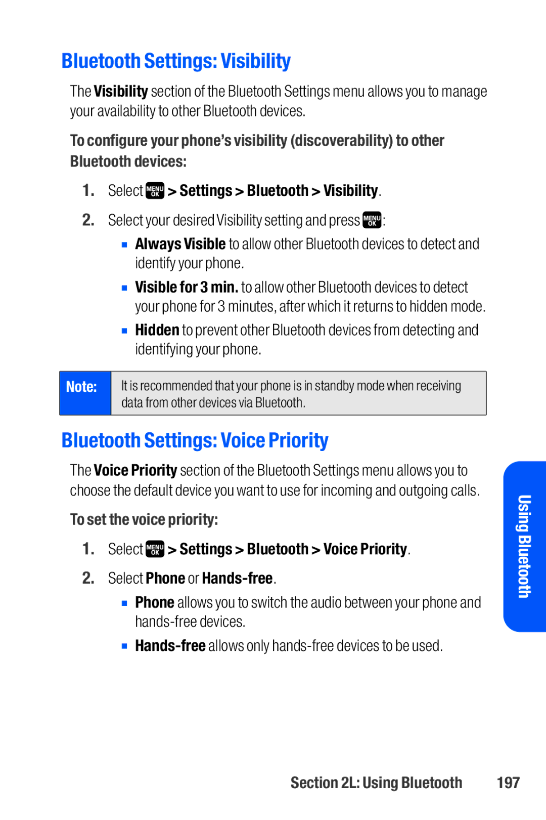 Sanyo M1 manual Bluetooth Settings Visibility, Bluetooth Settings Voice Priority, Select Settings Bluetooth Visibility, 197 