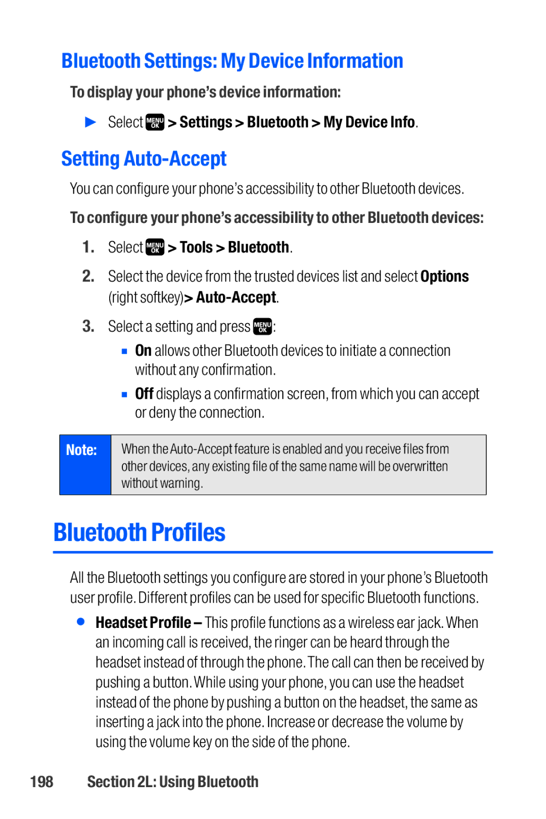 Sanyo M1 manual Bluetooth Profiles, Bluetooth Settings My Device Information, Setting Auto-Accept 