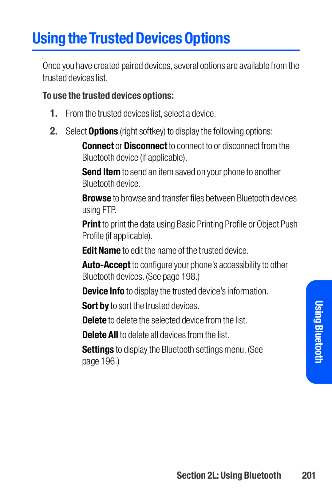 Sanyo M1 manual Using the Trusted Devices Options, To use the trusted devices options, 201 