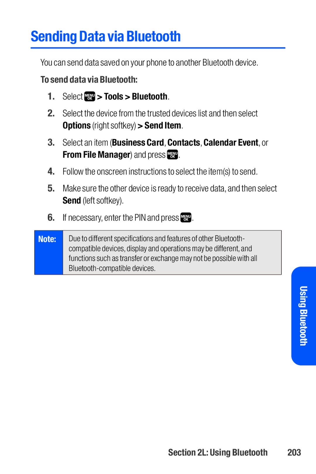 Sanyo M1 manual Sending Data via Bluetooth, To send data via Bluetooth, 203 