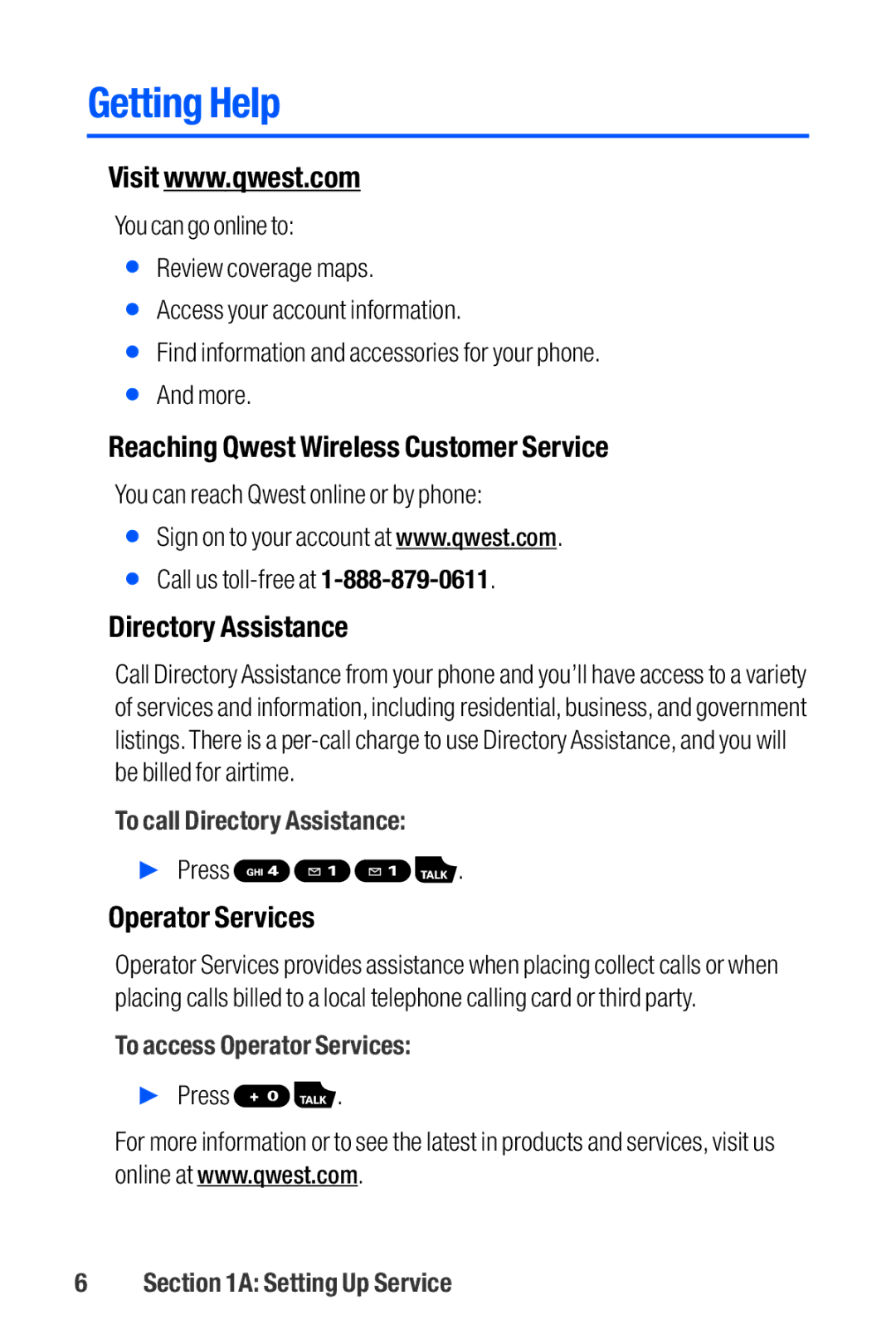 Sanyo M1 manual Getting Help, Reaching Qwest Wireless Customer Service, Directory Assistance, Operator Services 