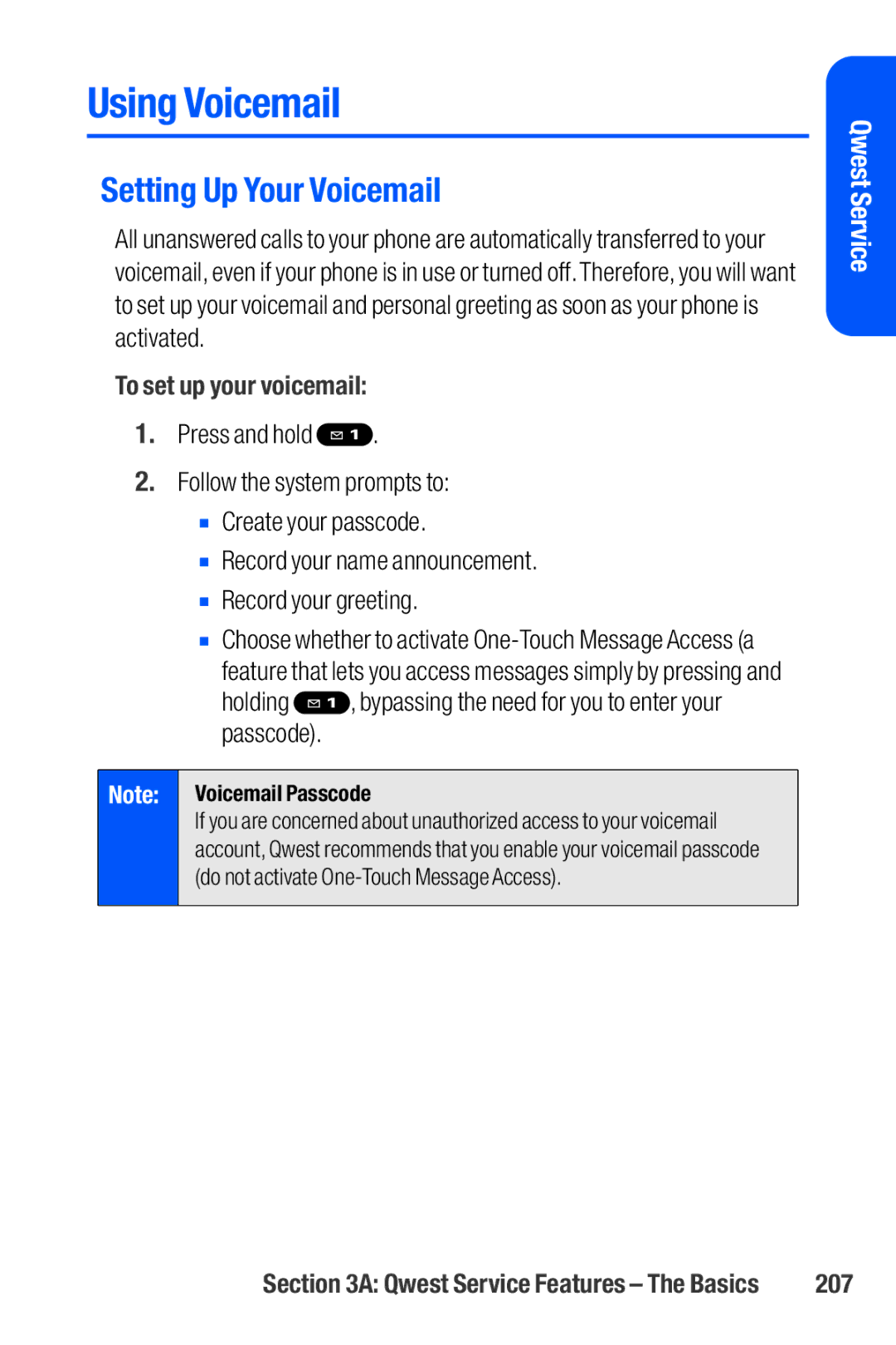 Sanyo M1 manual Using Voicemail, Setting Up Your Voicemail, 207 