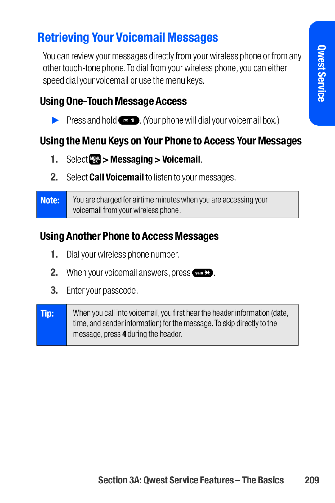 Sanyo M1 Retrieving Your Voicemail Messages, Using One-Touch Message Access, Using Another Phone to Access Messages, 209 