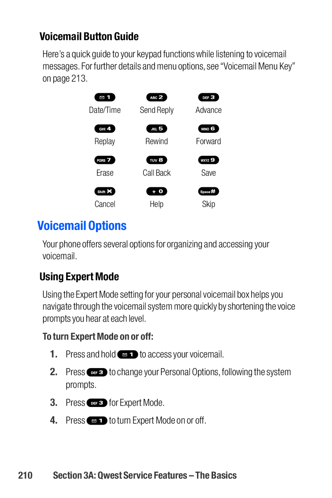 Sanyo M1 manual Voicemail Button Guide, Using Expert Mode, To turn Expert Mode on or off 