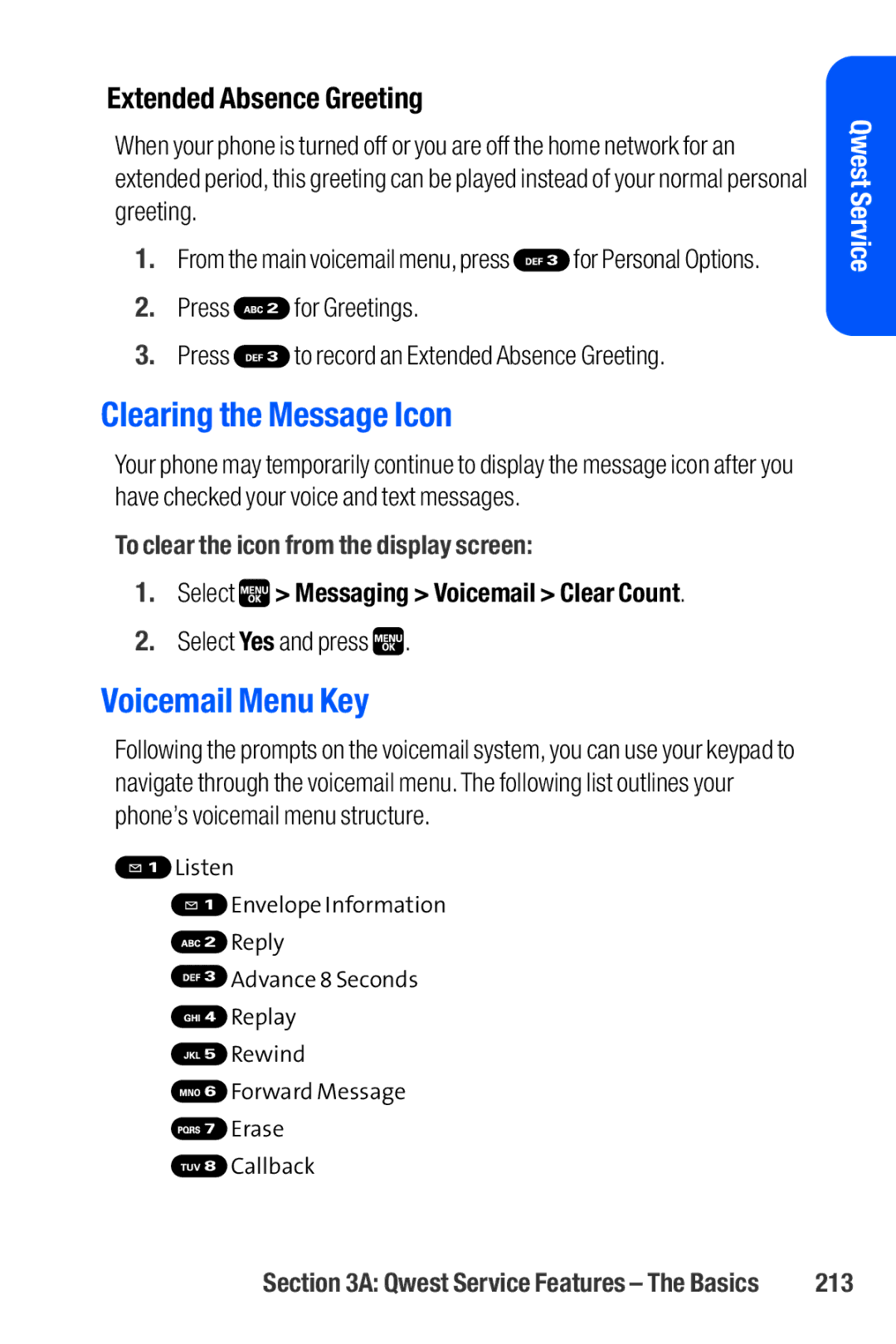 Sanyo M1 manual Clearing the Message Icon, Voicemail Menu Key, Extended Absence Greeting, 213 