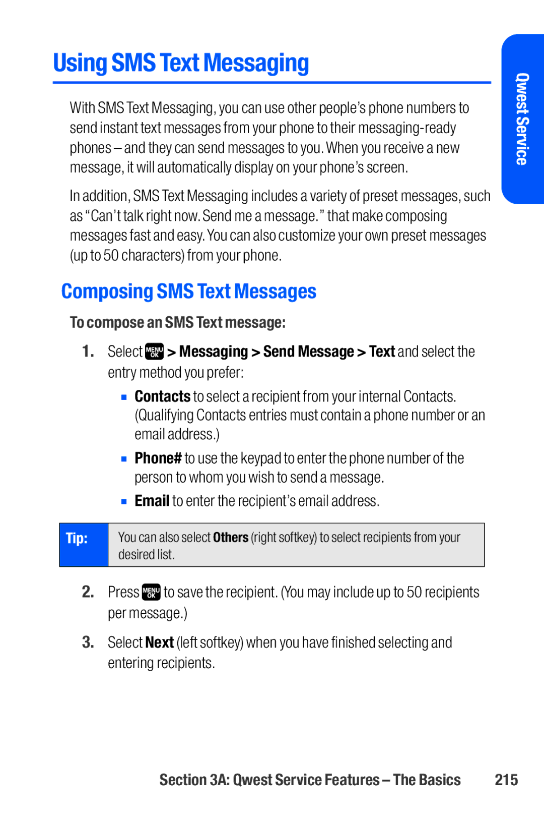 Sanyo M1 manual Using SMS Text Messaging, Composing SMS Text Messages, To compose an SMS Text message, 215 