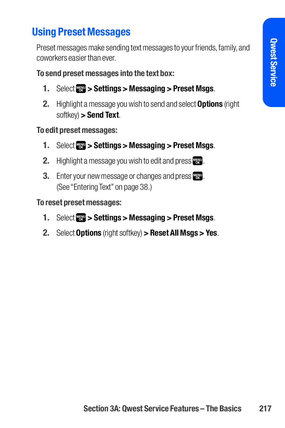 Sanyo M1 manual Using Preset Messages, To send preset messages into the text box, To edit preset messages, 217 