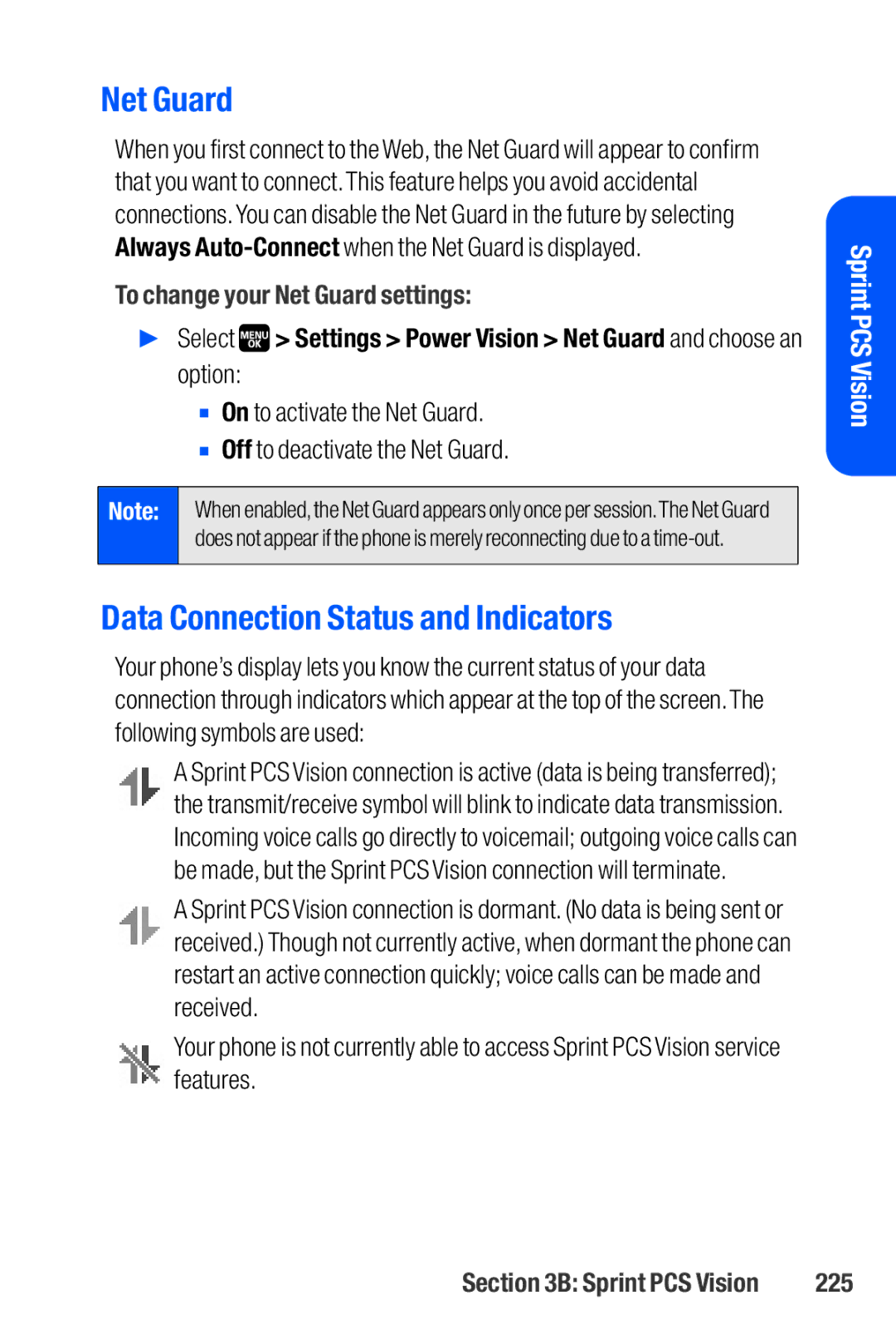 Sanyo M1 manual Data Connection Status and Indicators, To change your Net Guard settings, 225 