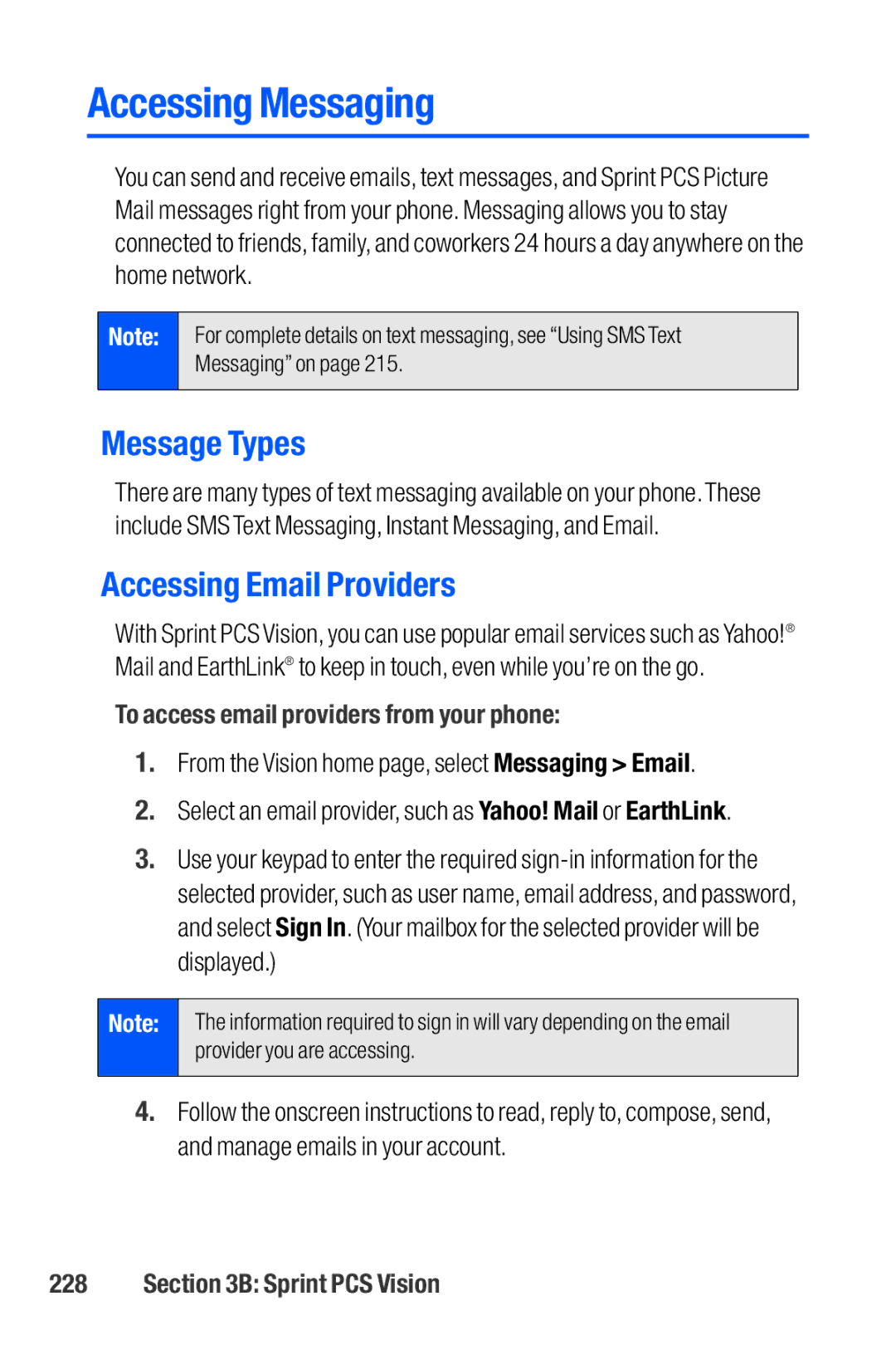 Sanyo M1 manual Accessing Messaging, Message Types, Accessing Email Providers, To access email providers from your phone 