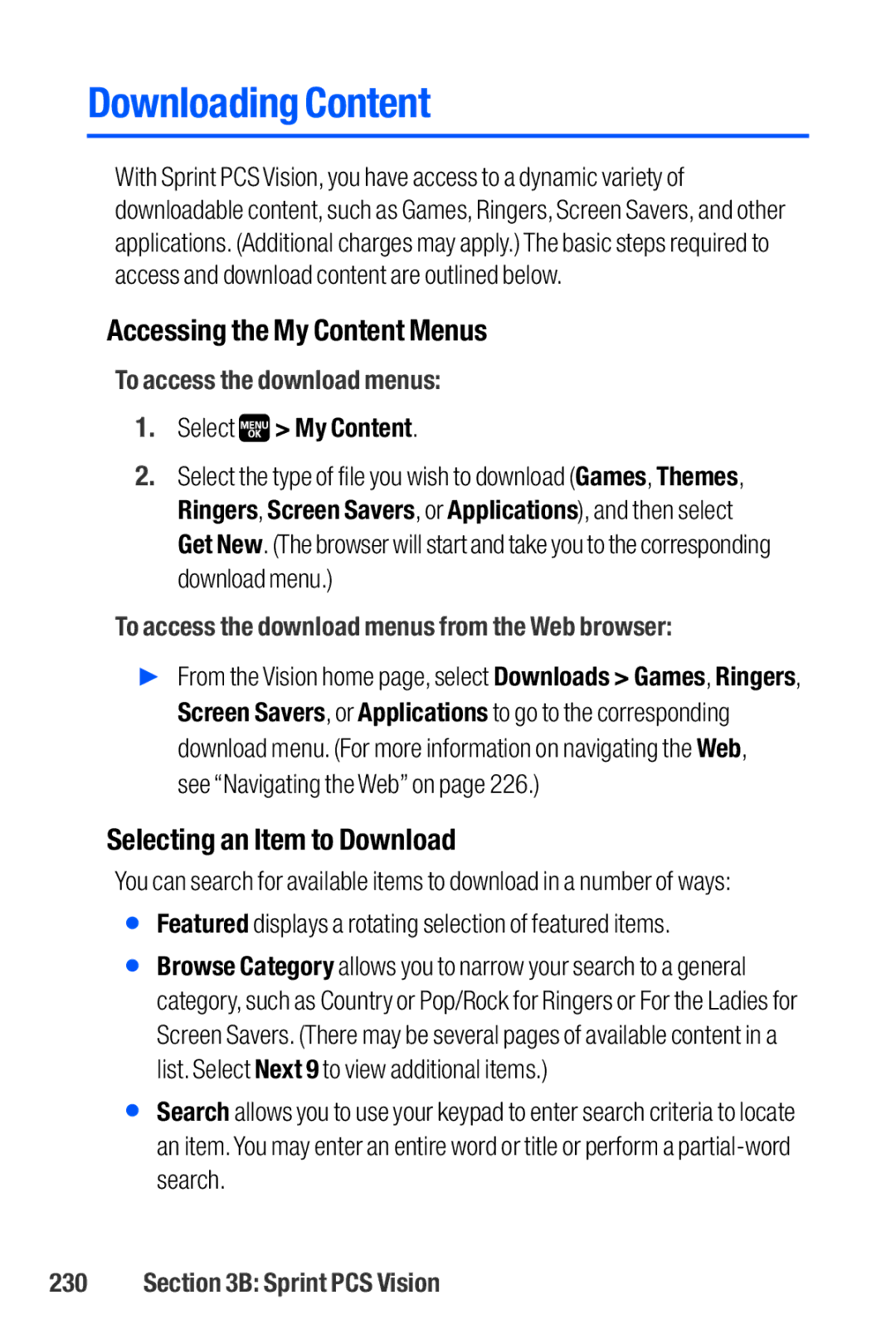 Sanyo M1 Downloading Content, Accessing the My Content Menus, Selecting an Item to Download, To access the download menus 