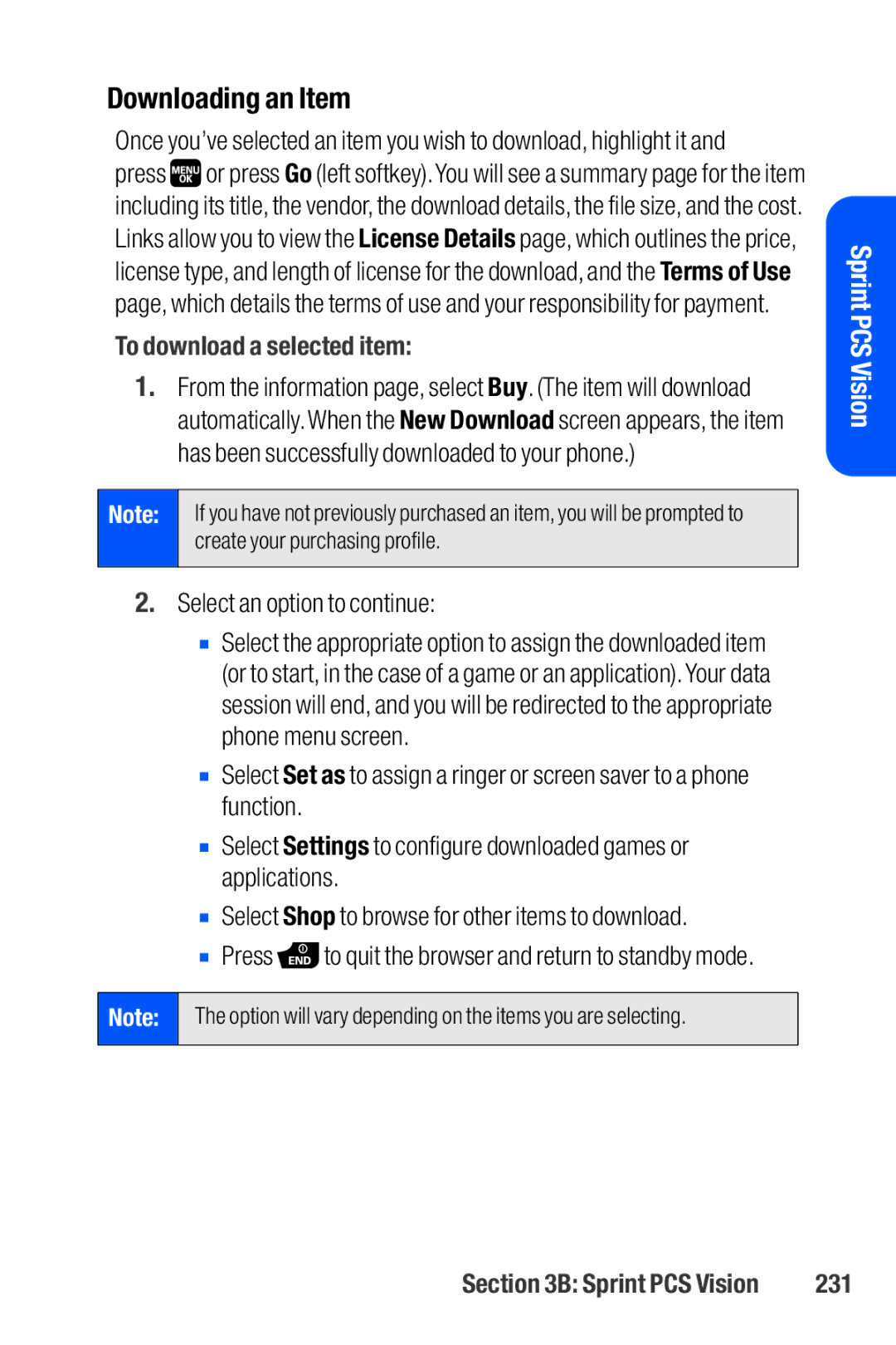 Sanyo M1 manual Downloading an Item, To download a selected item, Select an option to continue, 231 