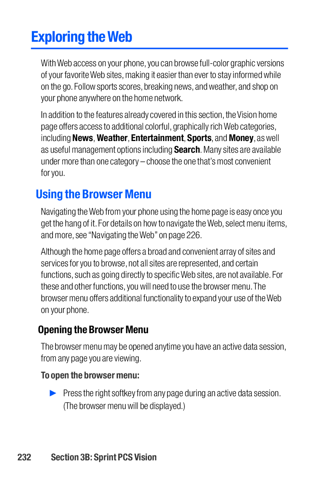 Sanyo M1 manual Exploring the Web, Using the Browser Menu, Opening the Browser Menu, To open the browser menu 