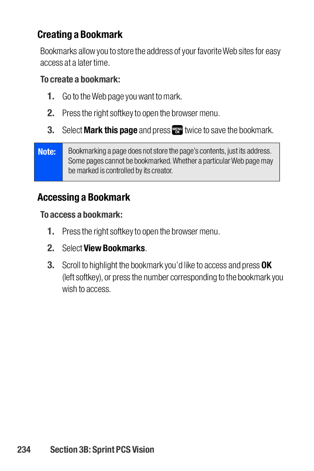 Sanyo M1 Creating a Bookmark, Accessing a Bookmark, To create a bookmark, To access a bookmark, Select View Bookmarks 