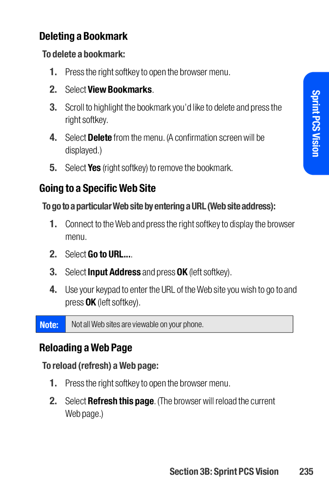 Sanyo M1 manual Deleting a Bookmark, Going to a Specific Web Site, Reloading a Web 