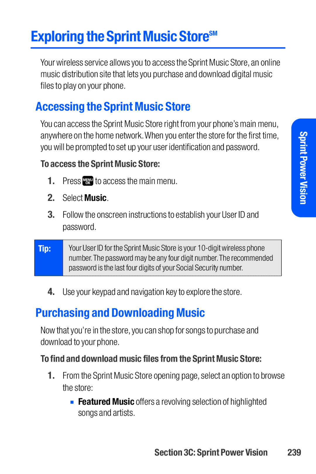 Sanyo M1 manual Exploring the Sprint Music StoreSM, Accessing the Sprint Music Store, Purchasing and Downloading Music, 239 