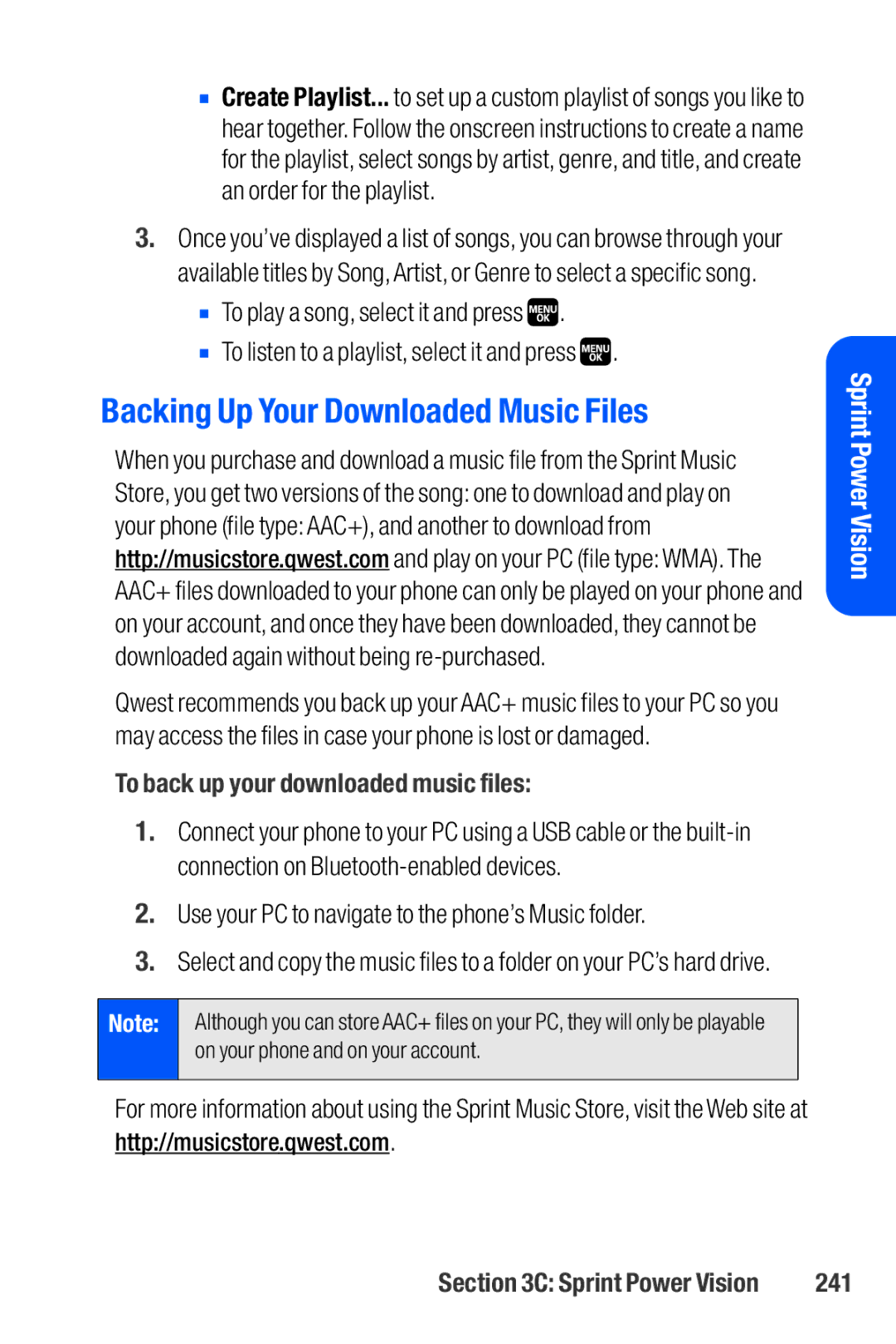 Sanyo M1 Backing Up Your Downloaded Music Files, To back up your downloaded music files, Http//musicstore.qwest.com, 241 