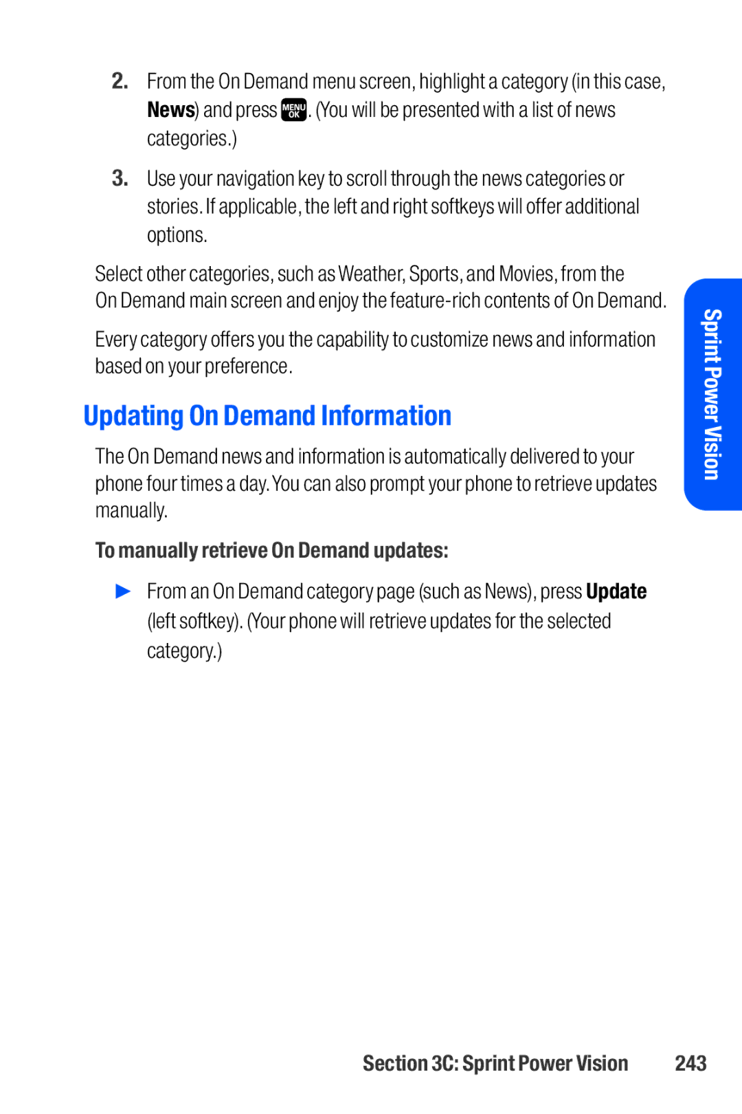 Sanyo M1 Updating On Demand Information, To manually retrieve On Demand updates, 243 