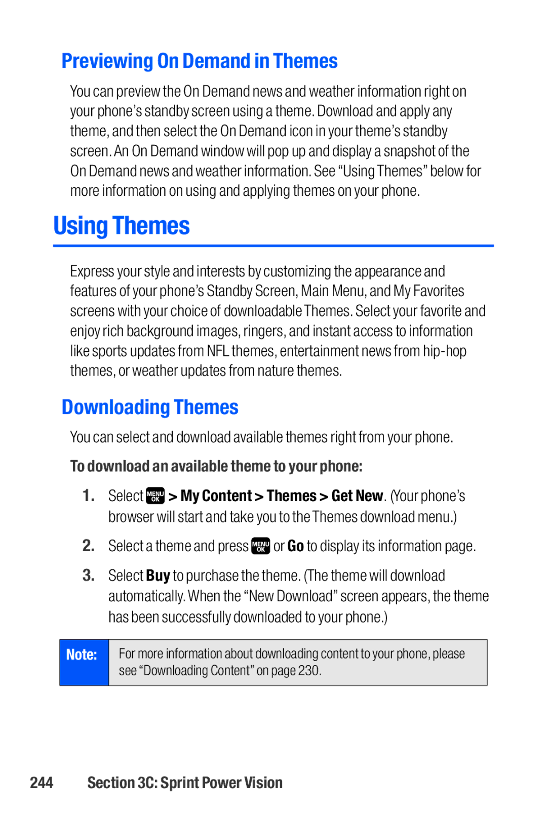 Sanyo M1 Using Themes, Previewing On Demand in Themes, Downloading Themes, To download an available theme to your phone 