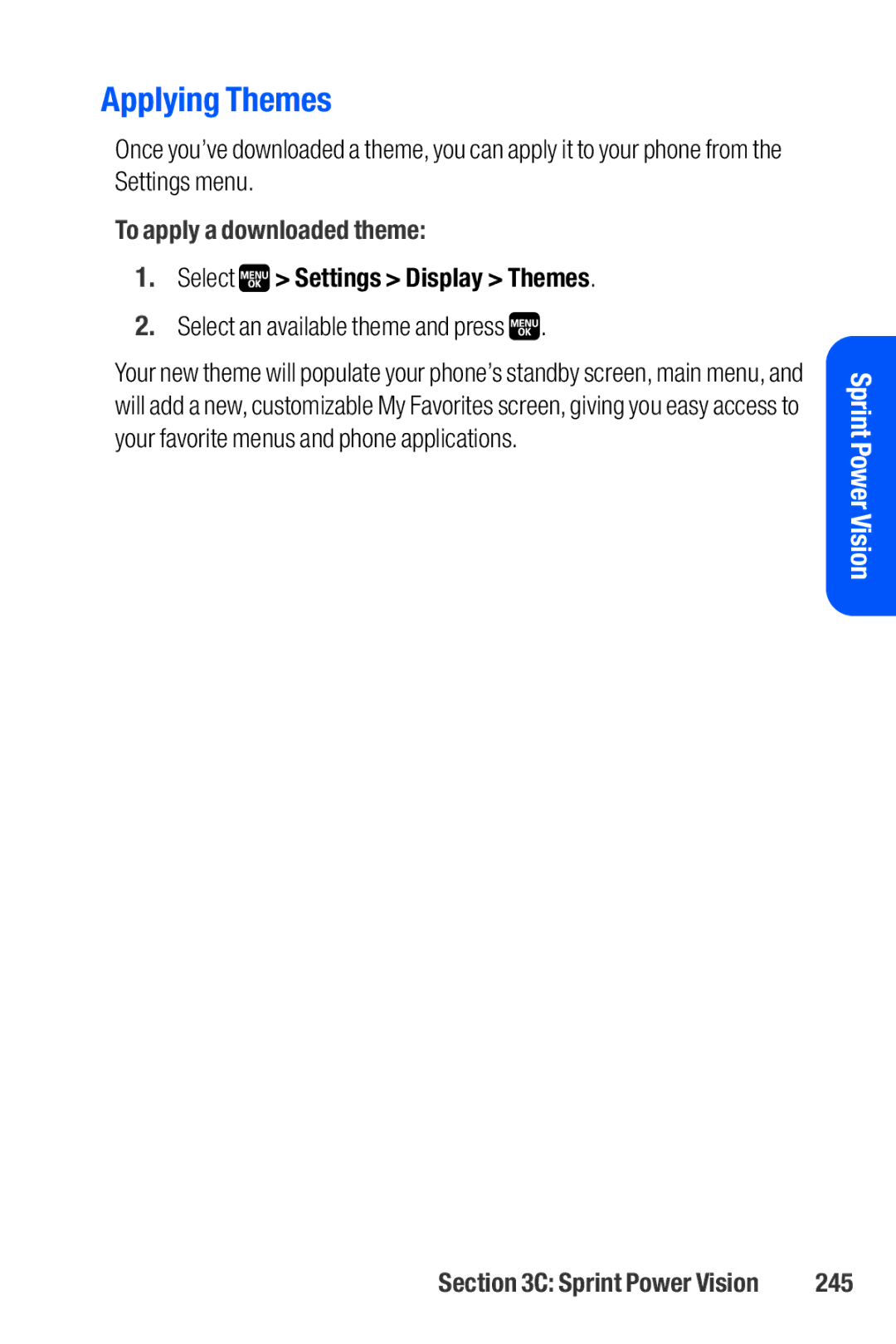 Sanyo M1 manual Applying Themes, To apply a downloaded theme, Select an available theme and press, 245 