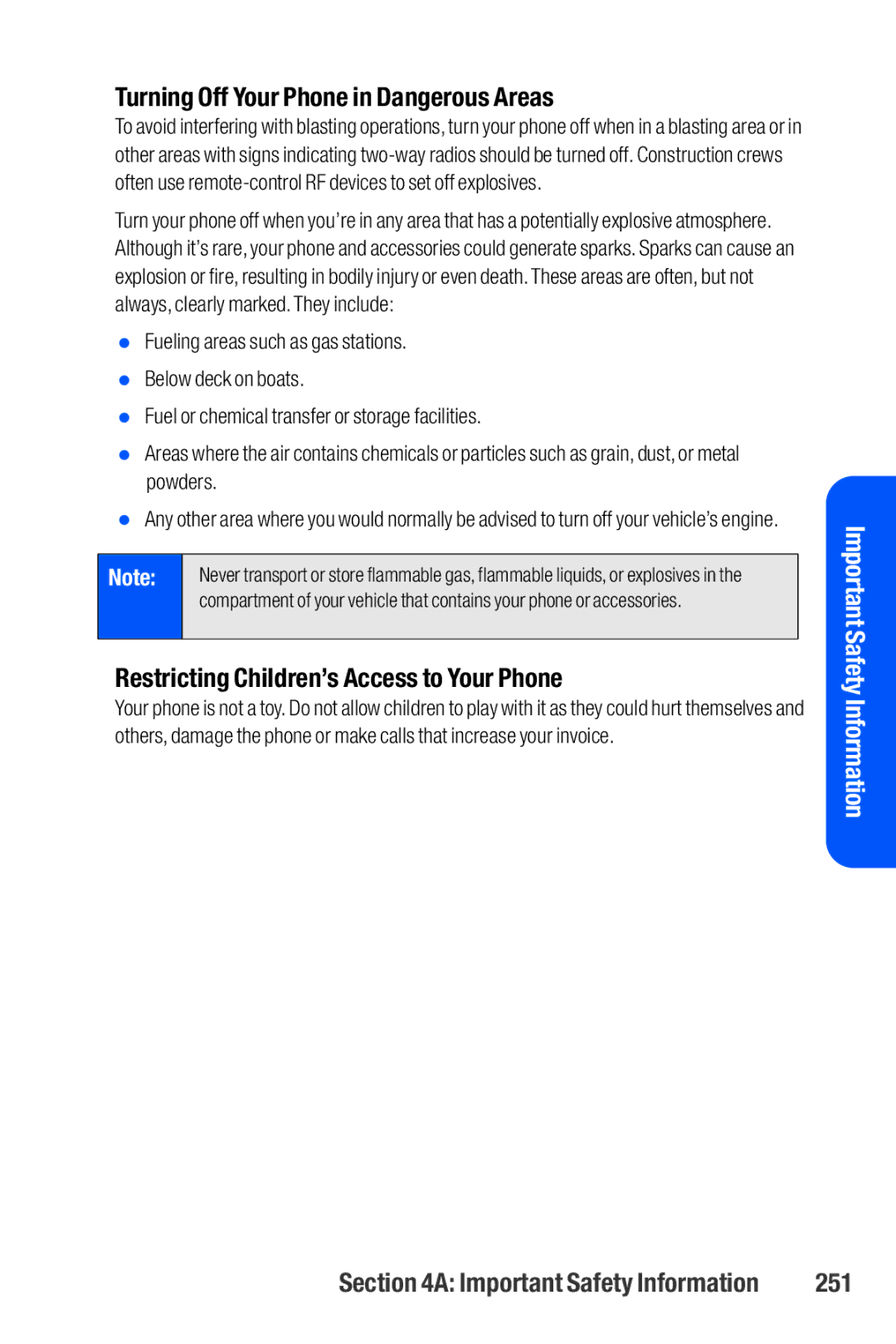 Sanyo M1 manual Turning Off Your Phone in Dangerous Areas, Restricting Children’s Access to Your Phone, 251 