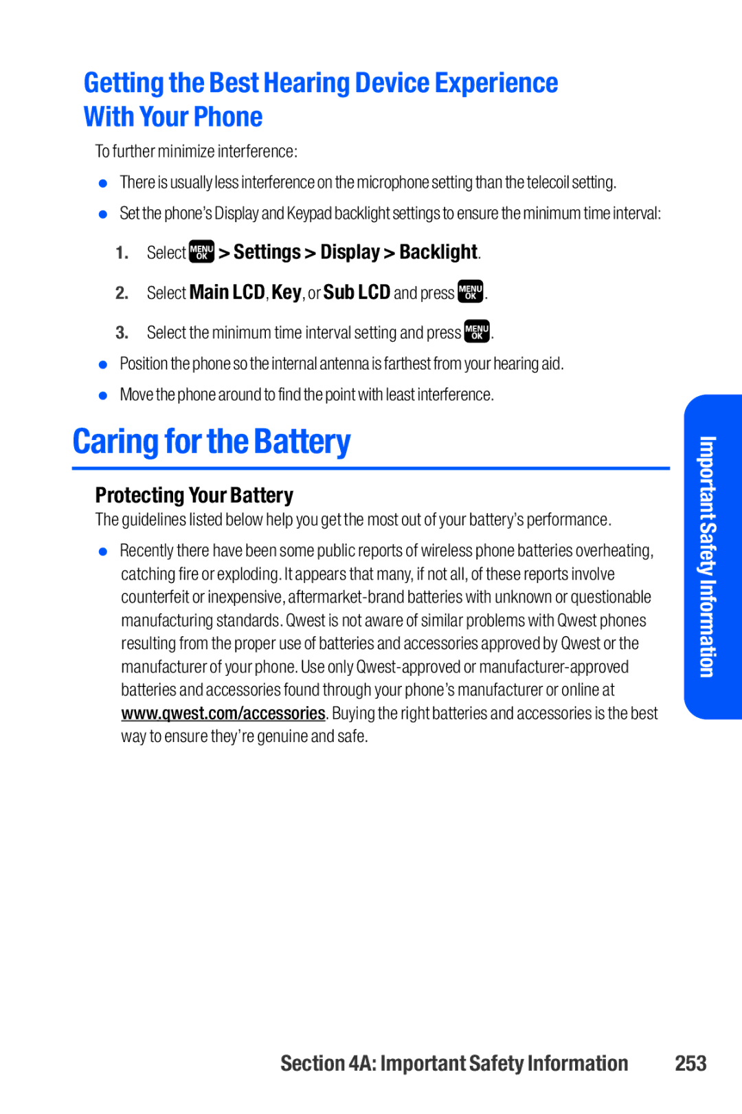 Sanyo M1 Caring for the Battery, Getting the Best Hearing Device Experience With Your Phone, Protecting Your Battery, 253 