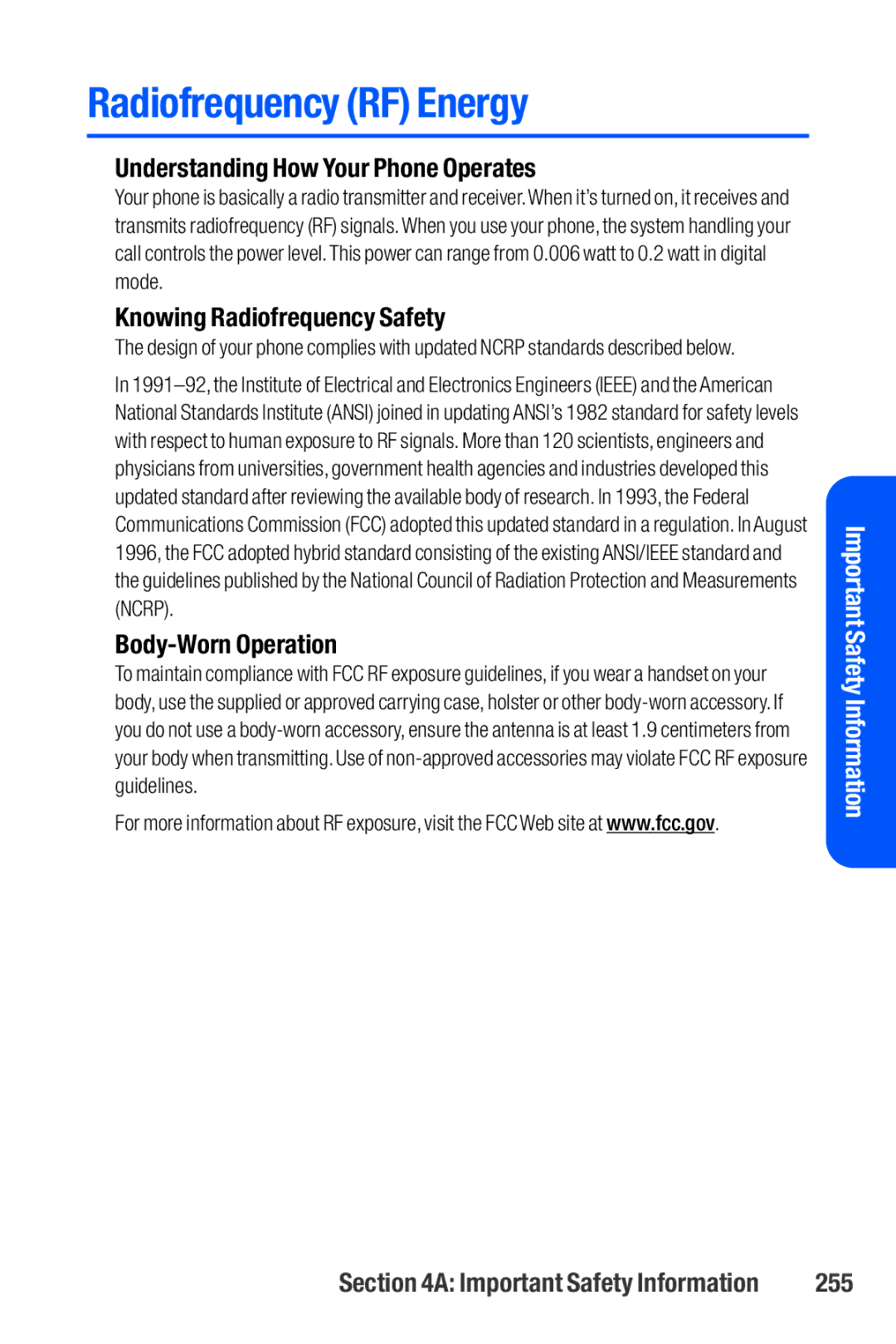 Sanyo M1 manual Radiofrequency RF Energy, Understanding How Your Phone Operates, Knowing Radiofrequency Safety, 255 