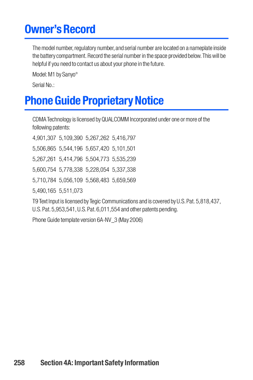 Sanyo M1 manual Owner’s Record, Phone Guide Proprietary Notice 