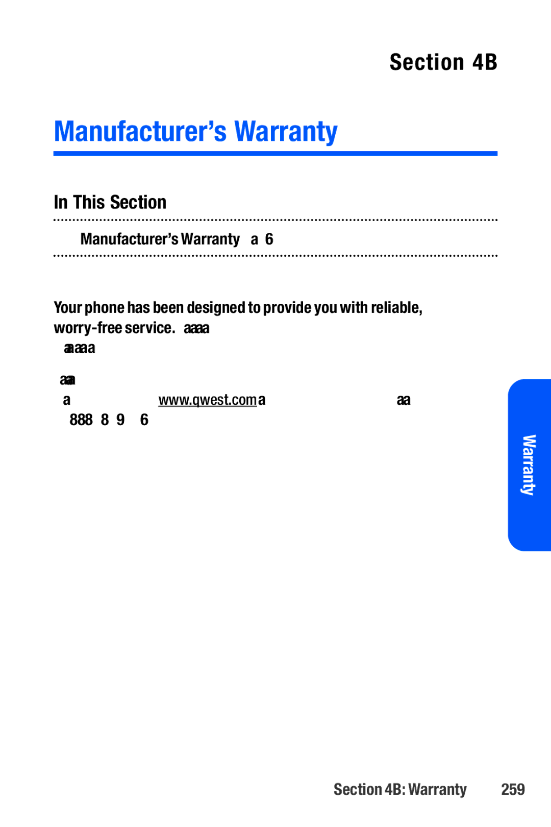 Sanyo M1 manual  Manufacturer’s Warranty, 259 