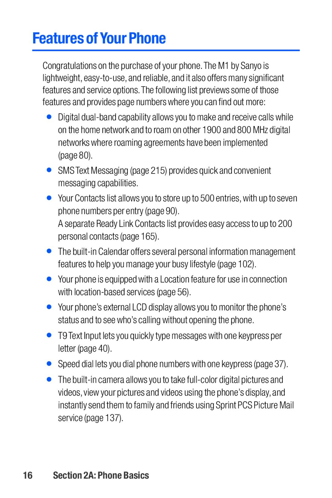 Sanyo M1 manual Features of Your Phone 