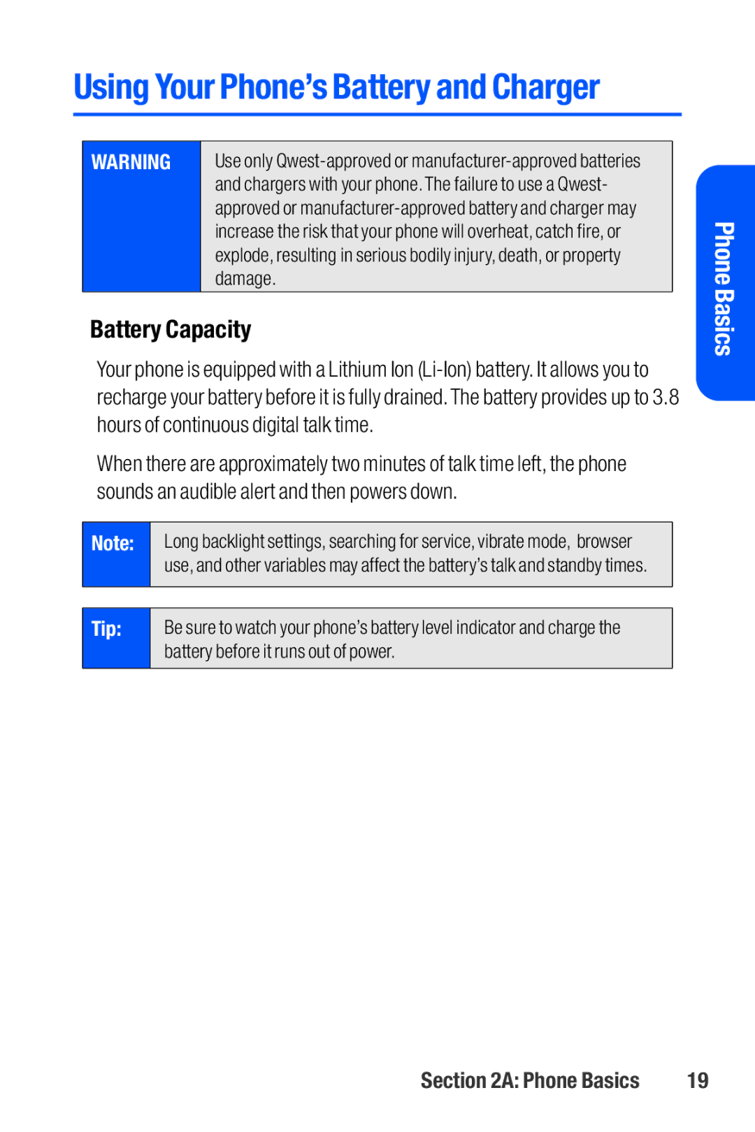 Sanyo M1 manual Using Your Phone’s Battery and Charger, Battery Capacity 