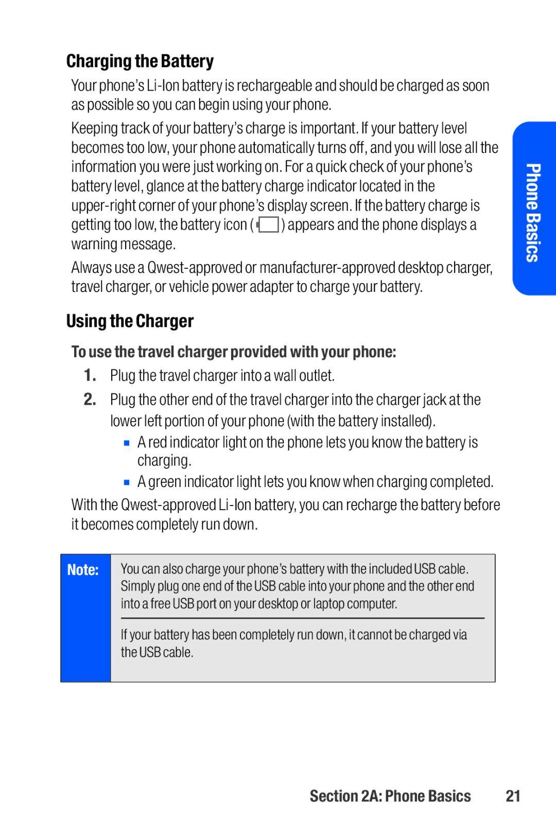 Sanyo M1 manual Charging the Battery, Using the Charger, To use the travel charger provided with your phone 