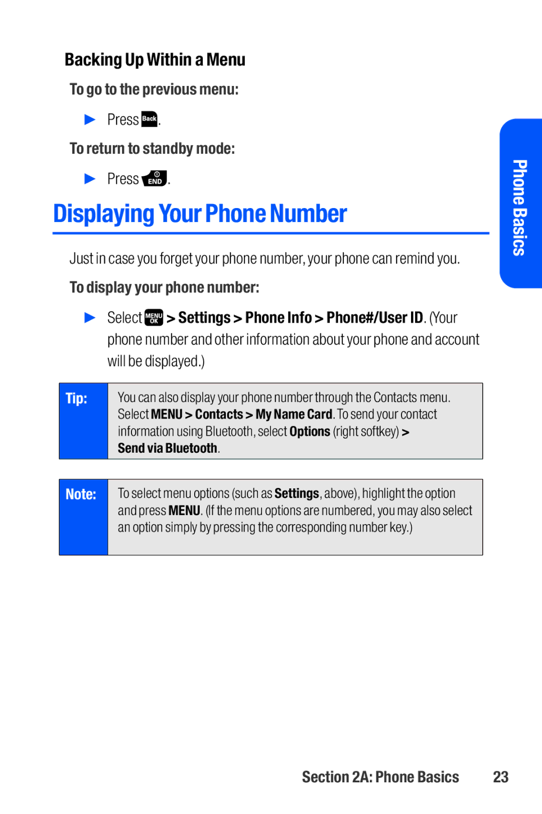 Sanyo M1 Displaying Your Phone Number, Backing Up Within a Menu, To go to the previous menu, To return to standby mode 